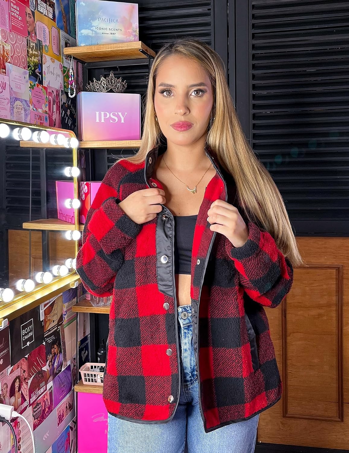 image:imageZeagoo Women Fleece Jacket Western Aztec Print Snap Button Down OuterwearBlack Plaid