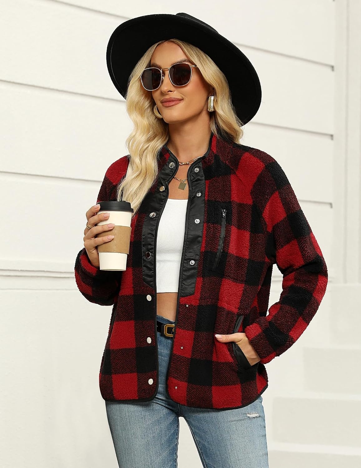 image:imageZeagoo Women Fleece Jacket Western Aztec Print Snap Button Down OuterwearBlack Plaid