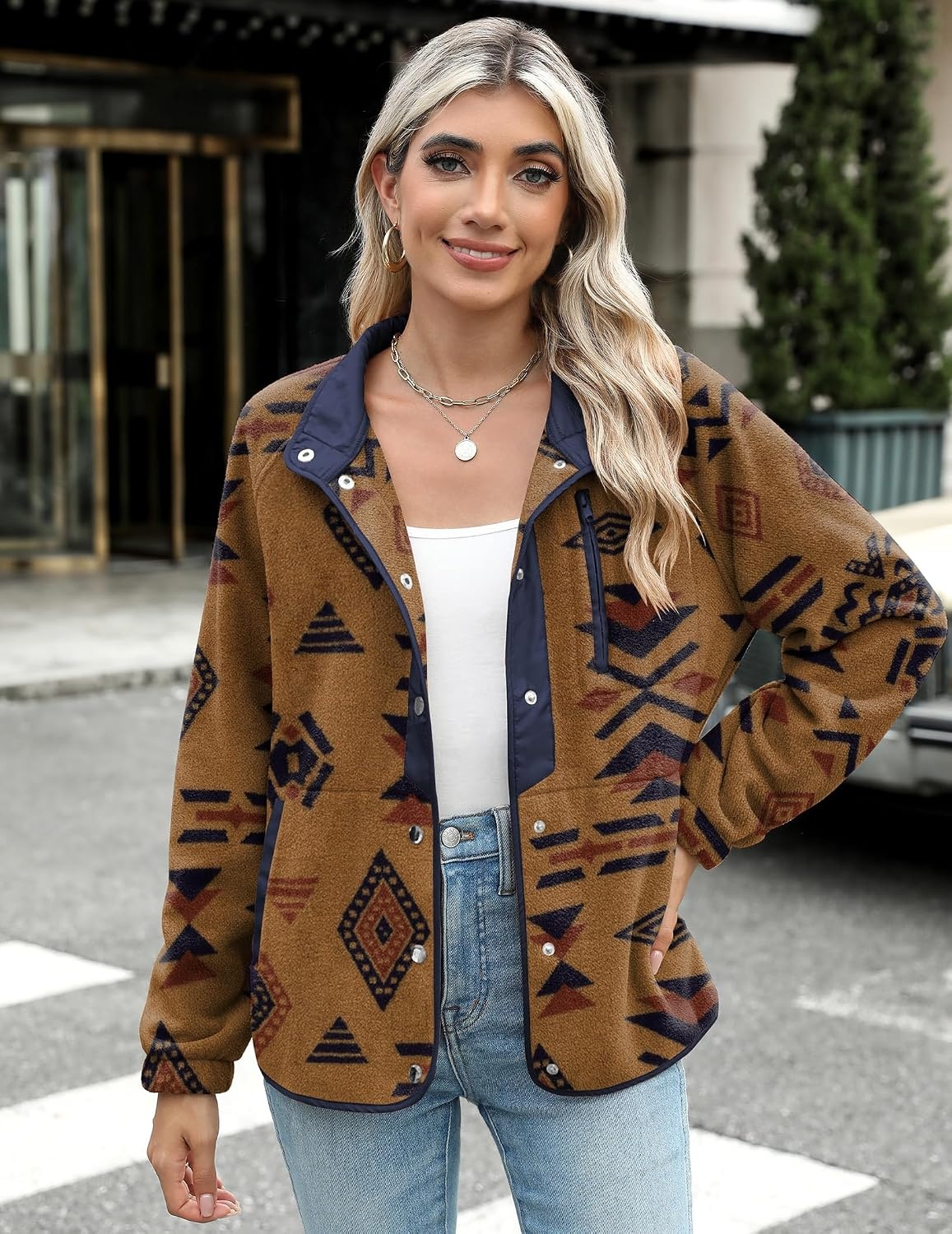 image:imageZeagoo Women Fleece Jacket Western Aztec Print Snap Button Down OuterwearBrown
