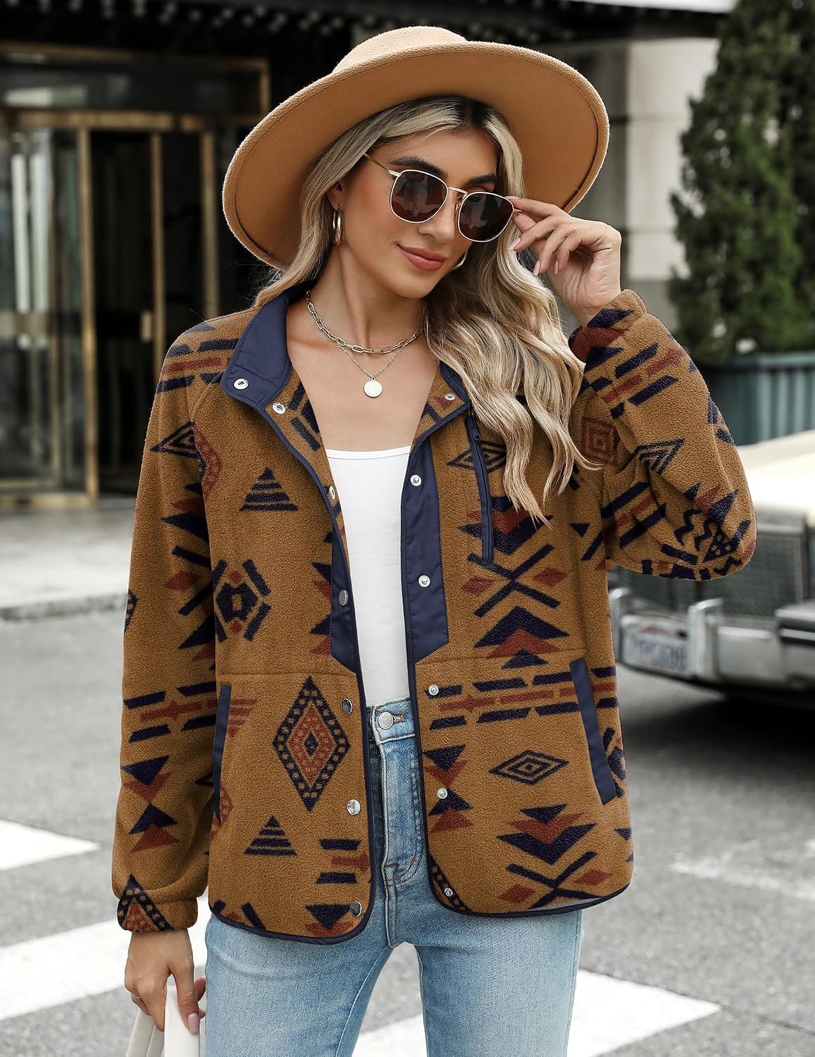 image:imageZeagoo Women Fleece Jacket Western Aztec Print Snap Button Down OuterwearBrown