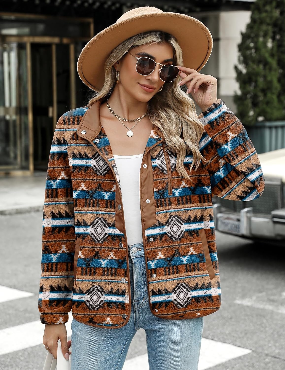 image:imageZeagoo Women Fleece Jacket Western Aztec Print Snap Button Down OuterwearDark Brown