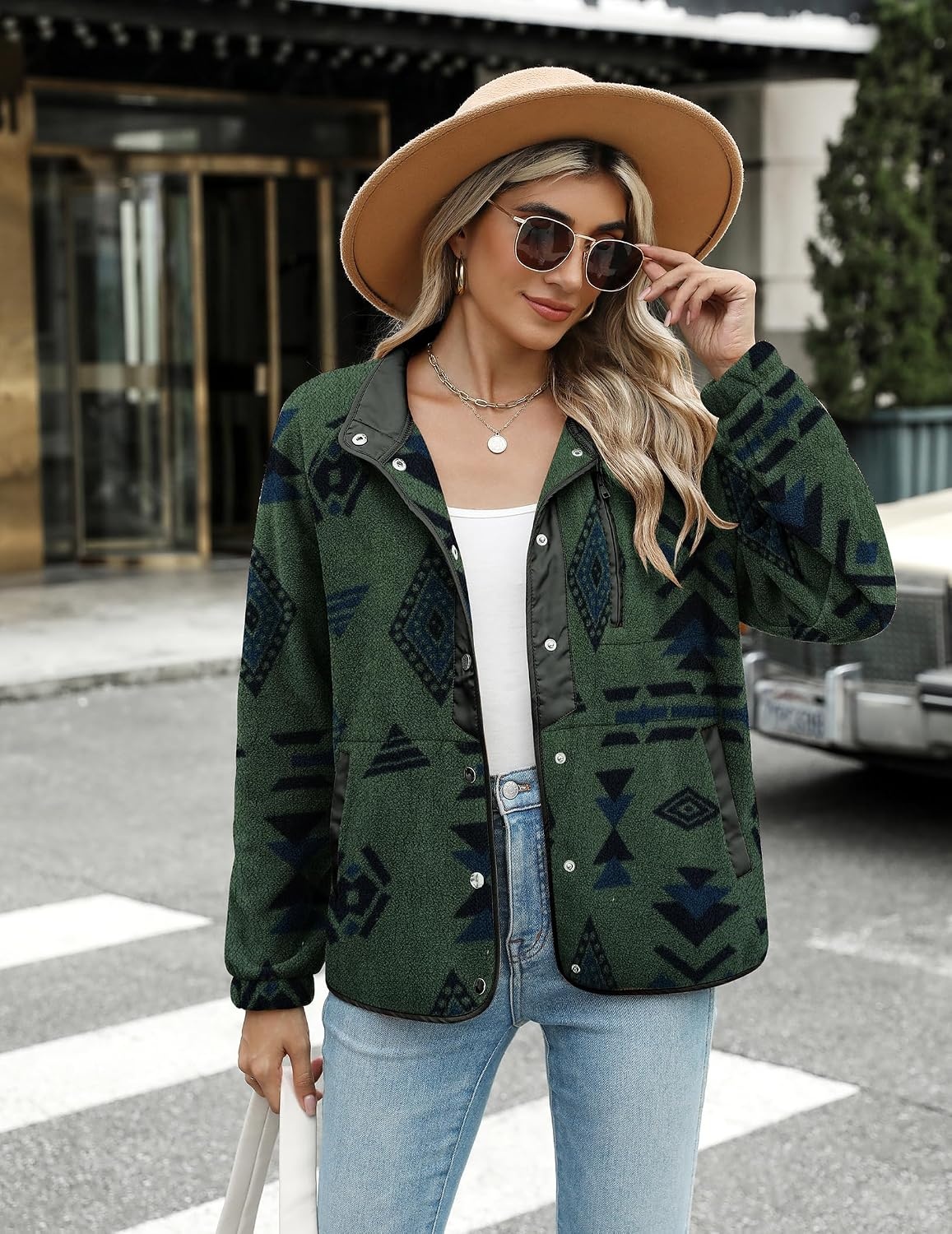 image:imageZeagoo Women Fleece Jacket Western Aztec Print Snap Button Down OuterwearDark Green