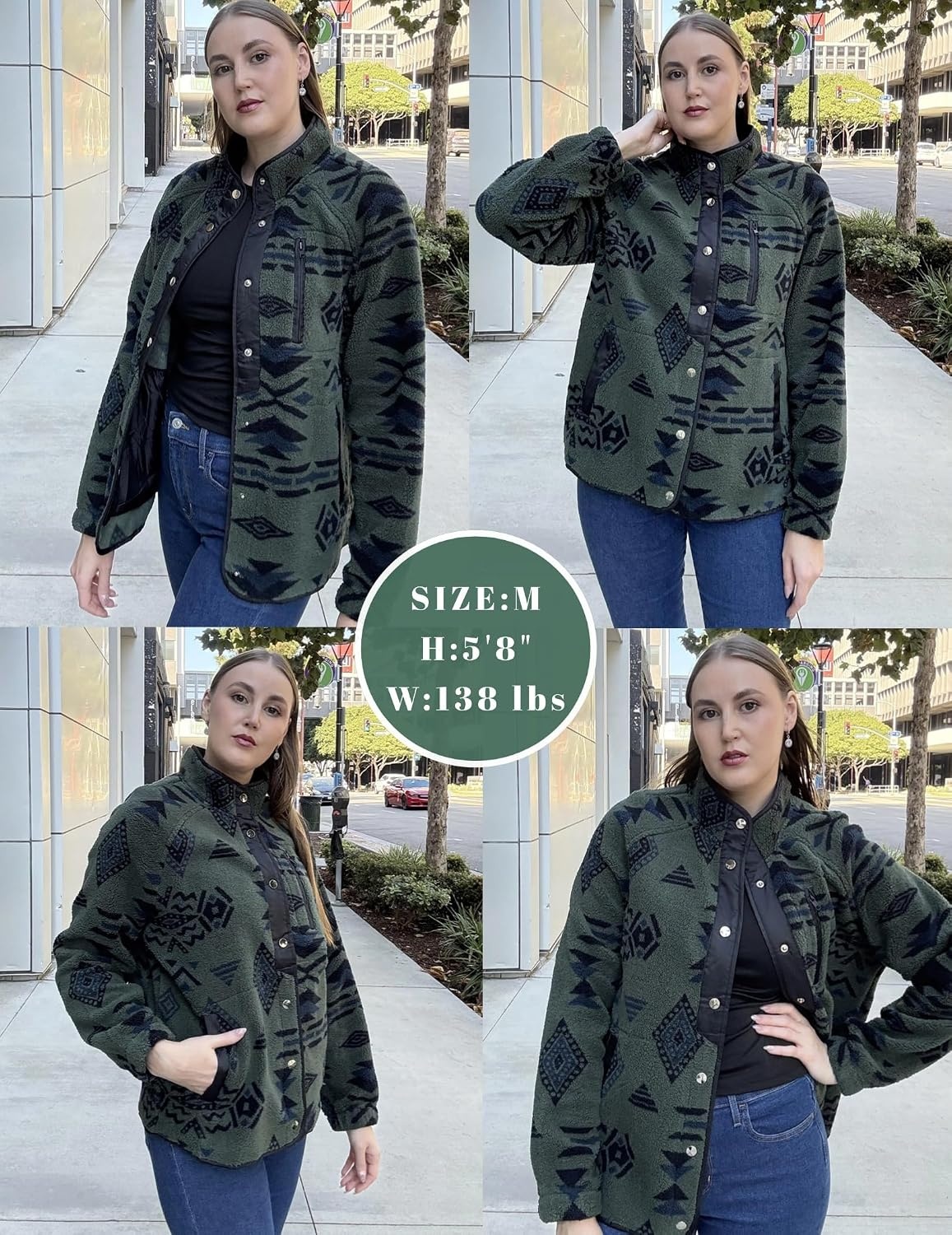 image:imageZeagoo Women Fleece Jacket Western Aztec Print Snap Button Down OuterwearDark Green