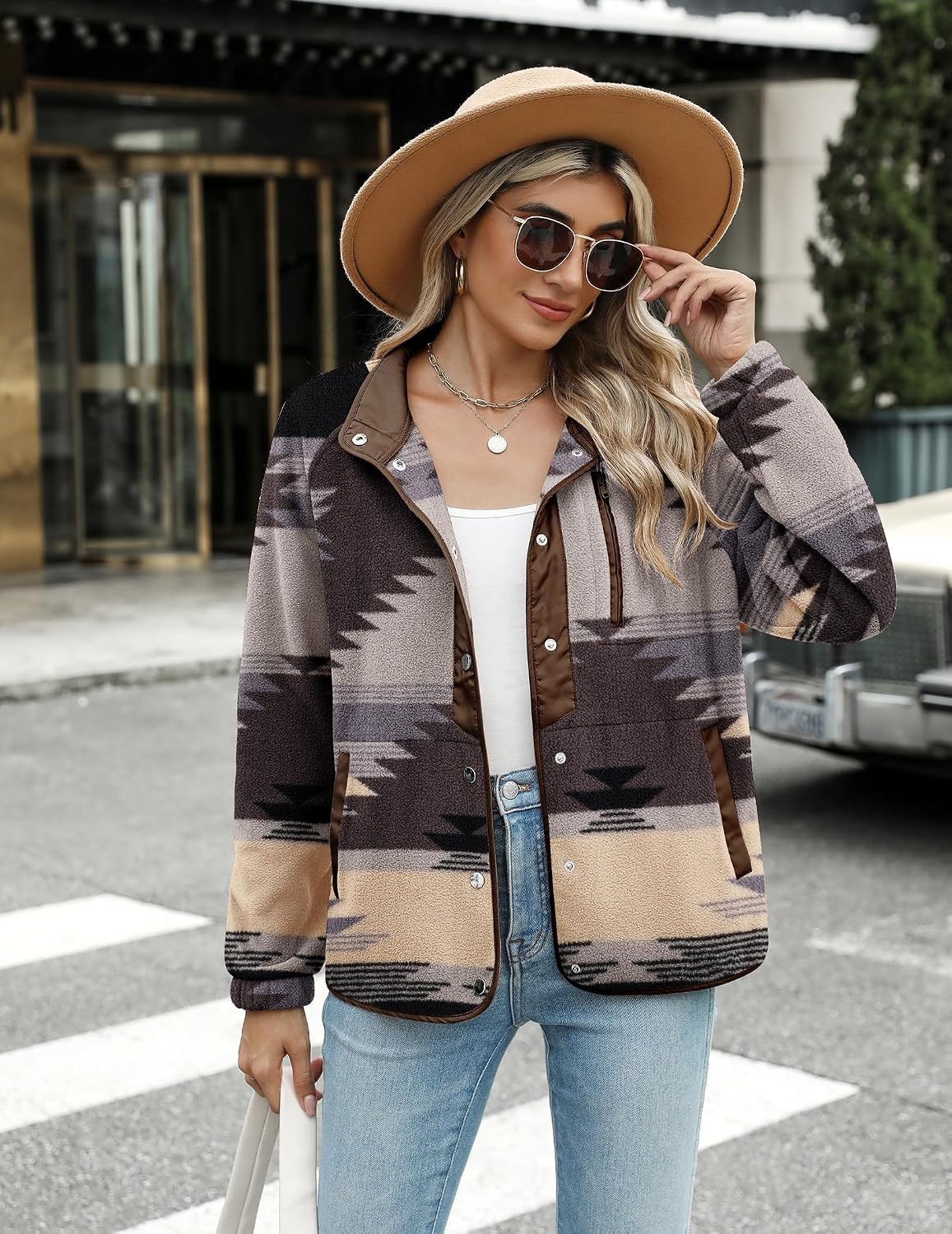 image:imageZeagoo Women Fleece Jacket Western Aztec Print Snap Button Down OuterwearGray Pattern