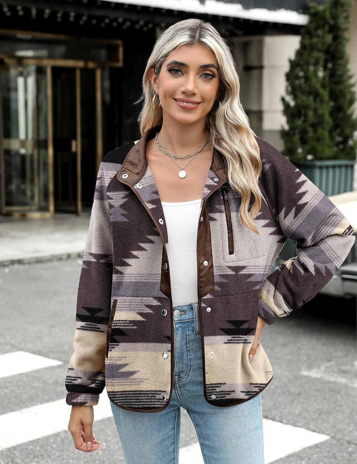 image:imageZeagoo Women Fleece Jacket Western Aztec Print Snap Button Down OuterwearGray Pattern