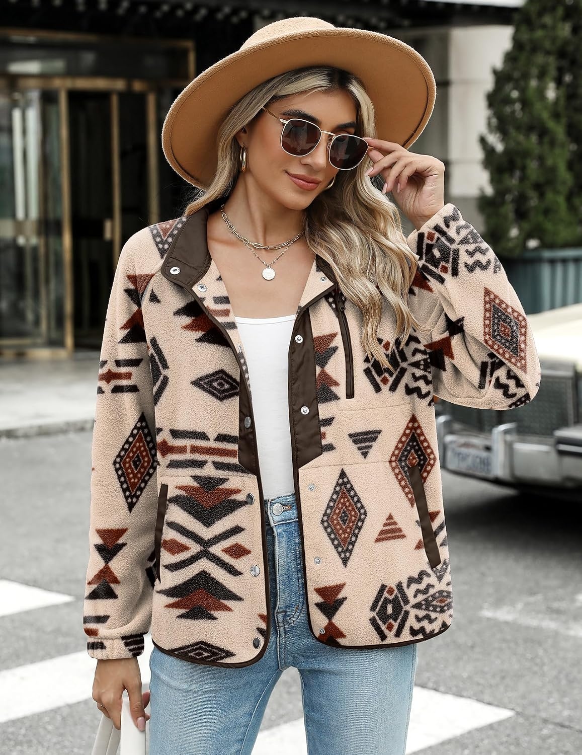 image:imageZeagoo Women Fleece Jacket Western Aztec Print Snap Button Down OuterwearKhaki