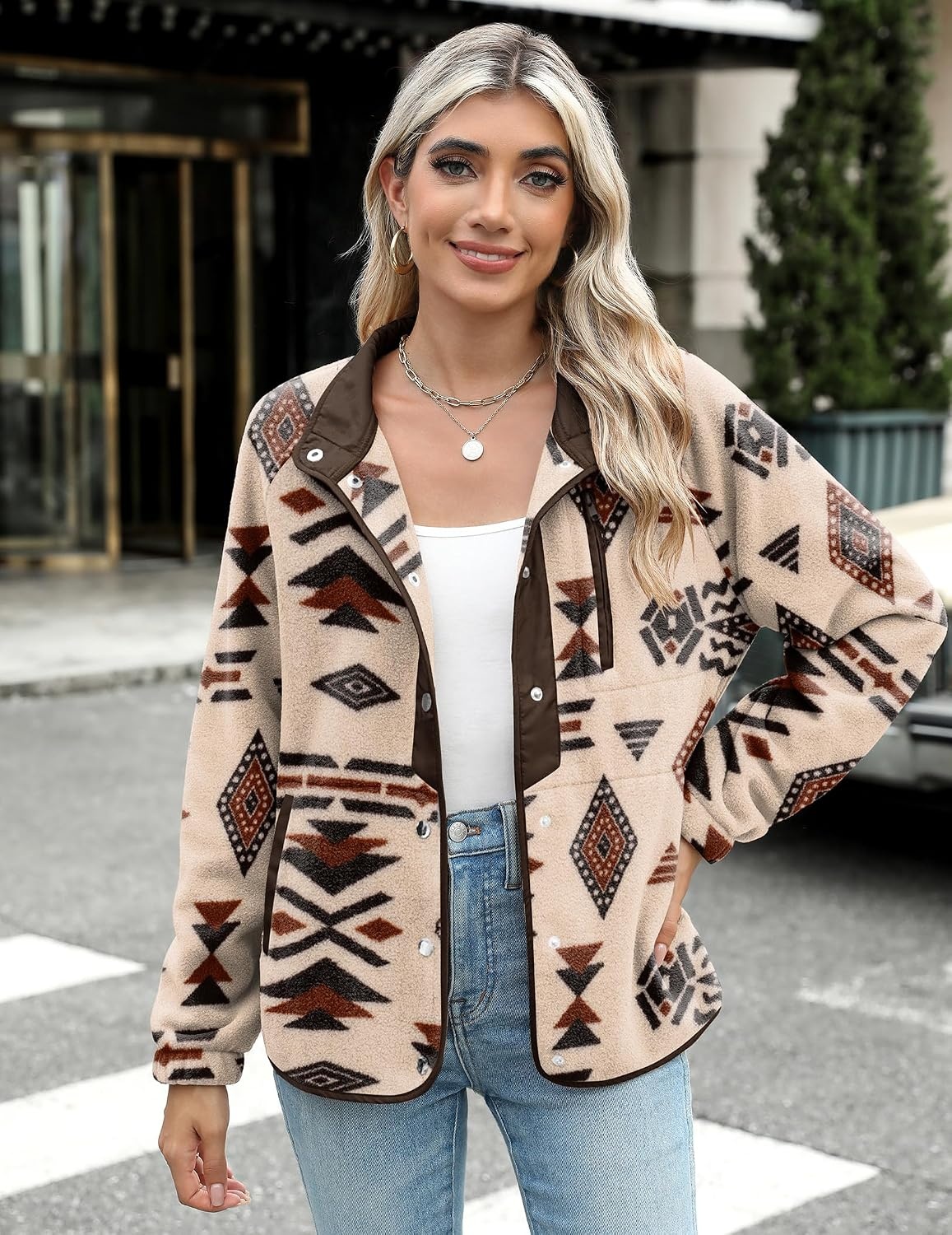 image:imageZeagoo Women Fleece Jacket Western Aztec Print Snap Button Down OuterwearKhaki