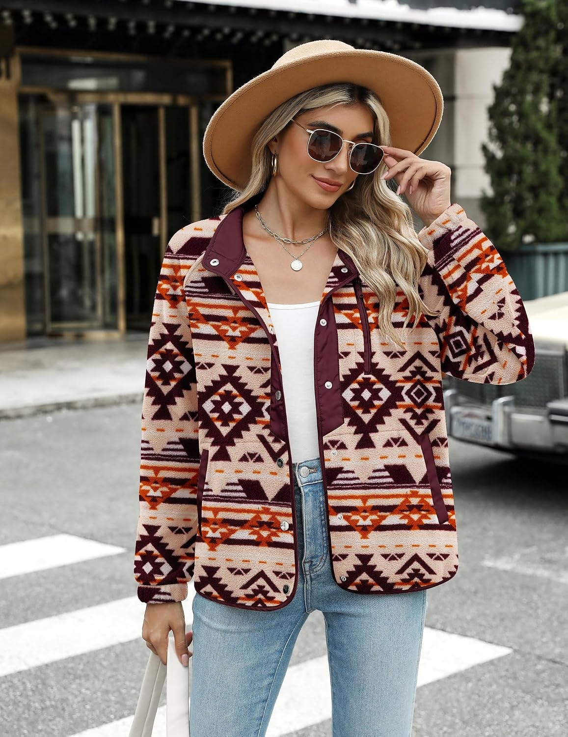 image:imageZeagoo Women Fleece Jacket Western Aztec Print Snap Button Down OuterwearKhaki Pattern