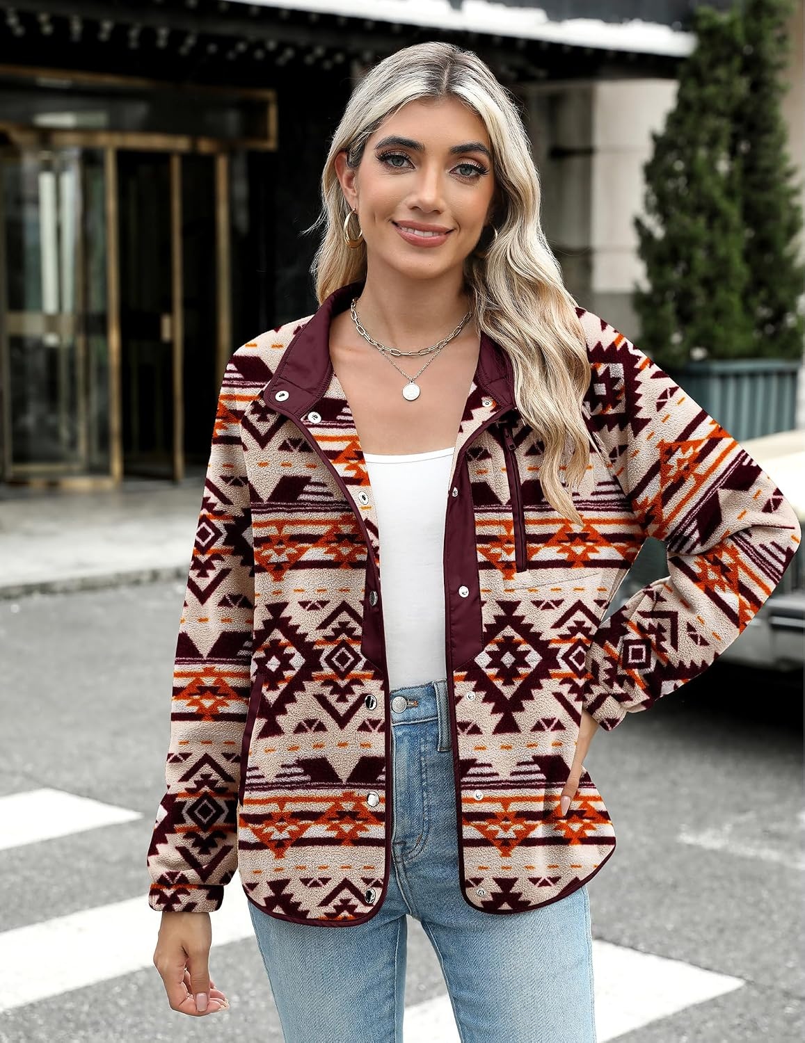 image:imageZeagoo Women Fleece Jacket Western Aztec Print Snap Button Down OuterwearKhaki Pattern