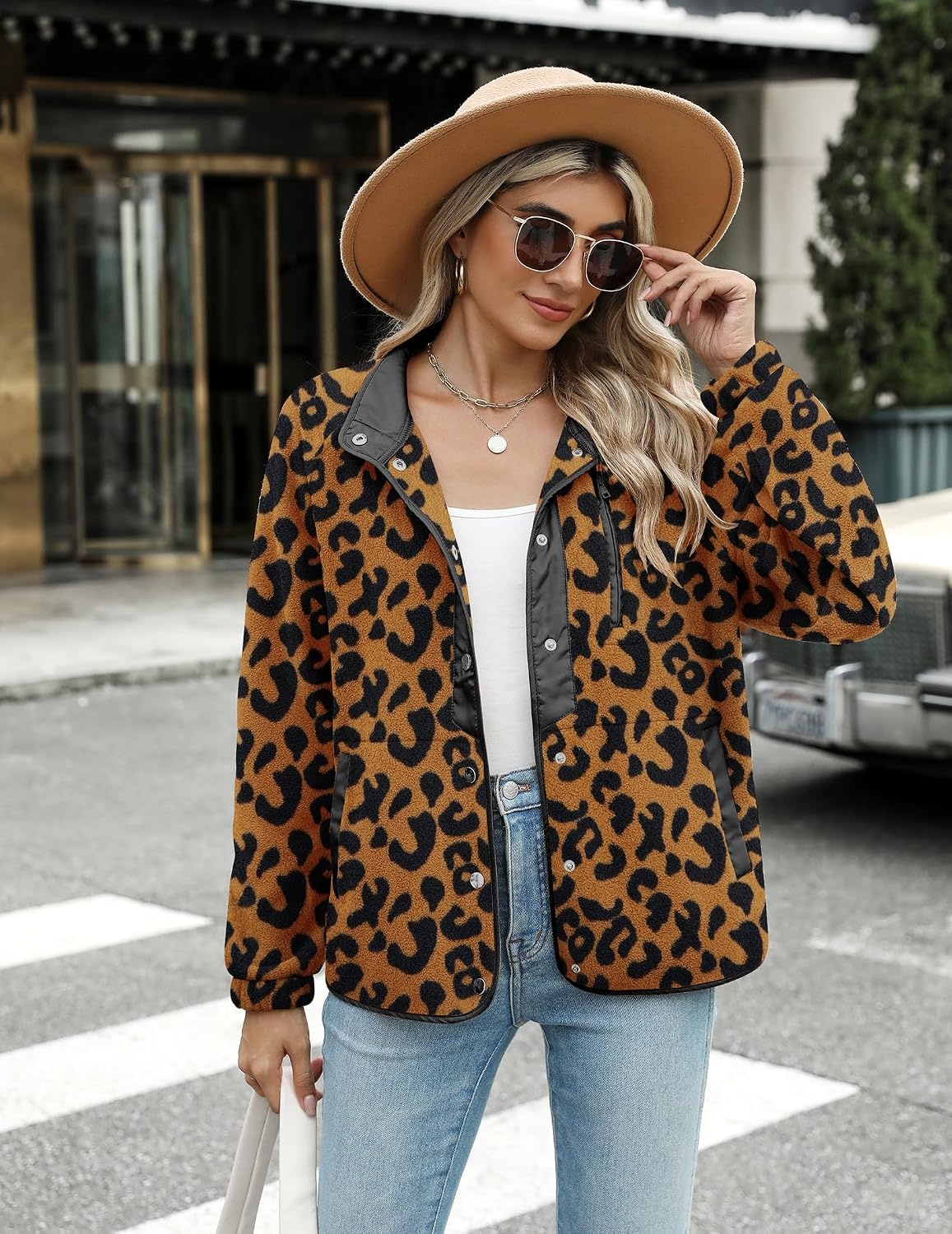 image:imageZeagoo Women Fleece Jacket Western Aztec Print Snap Button Down OuterwearLeopard Print