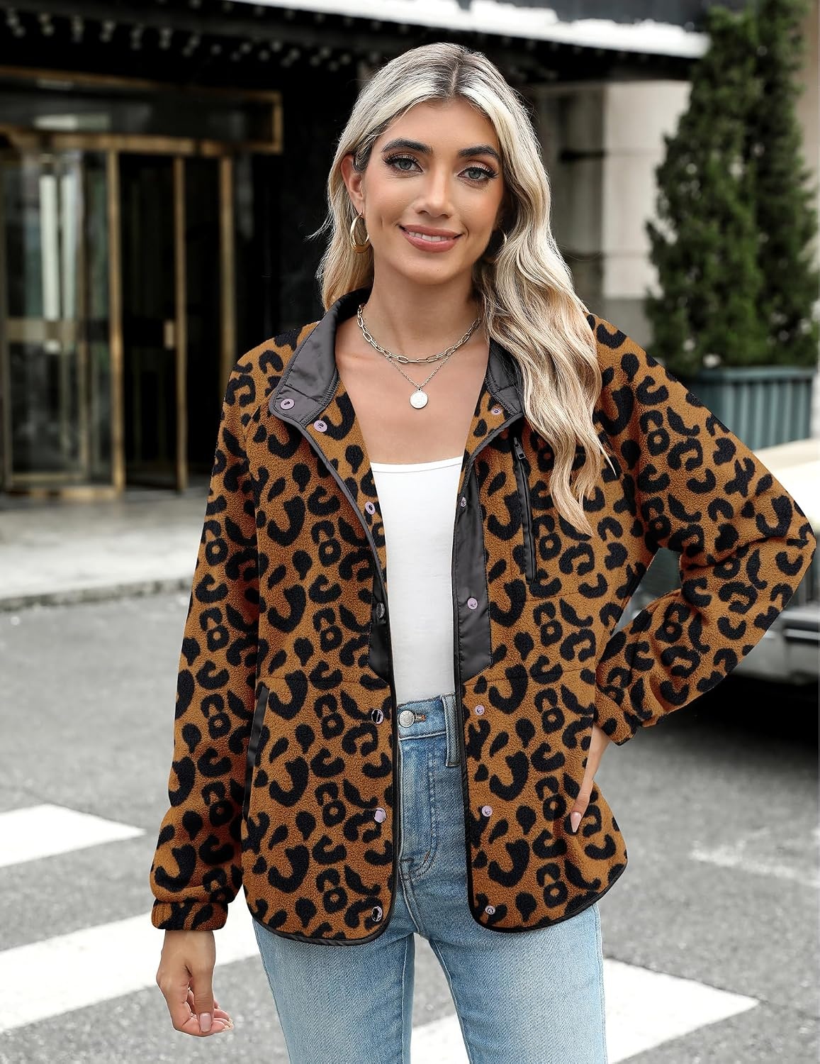 image:imageZeagoo Women Fleece Jacket Western Aztec Print Snap Button Down OuterwearLeopard Print