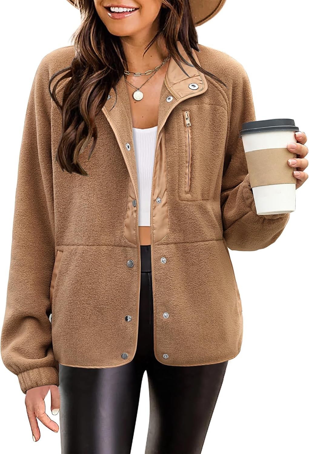 image:imageZeagoo Women Fleece Jacket Western Aztec Print Snap Button Down OuterwearLight Brown