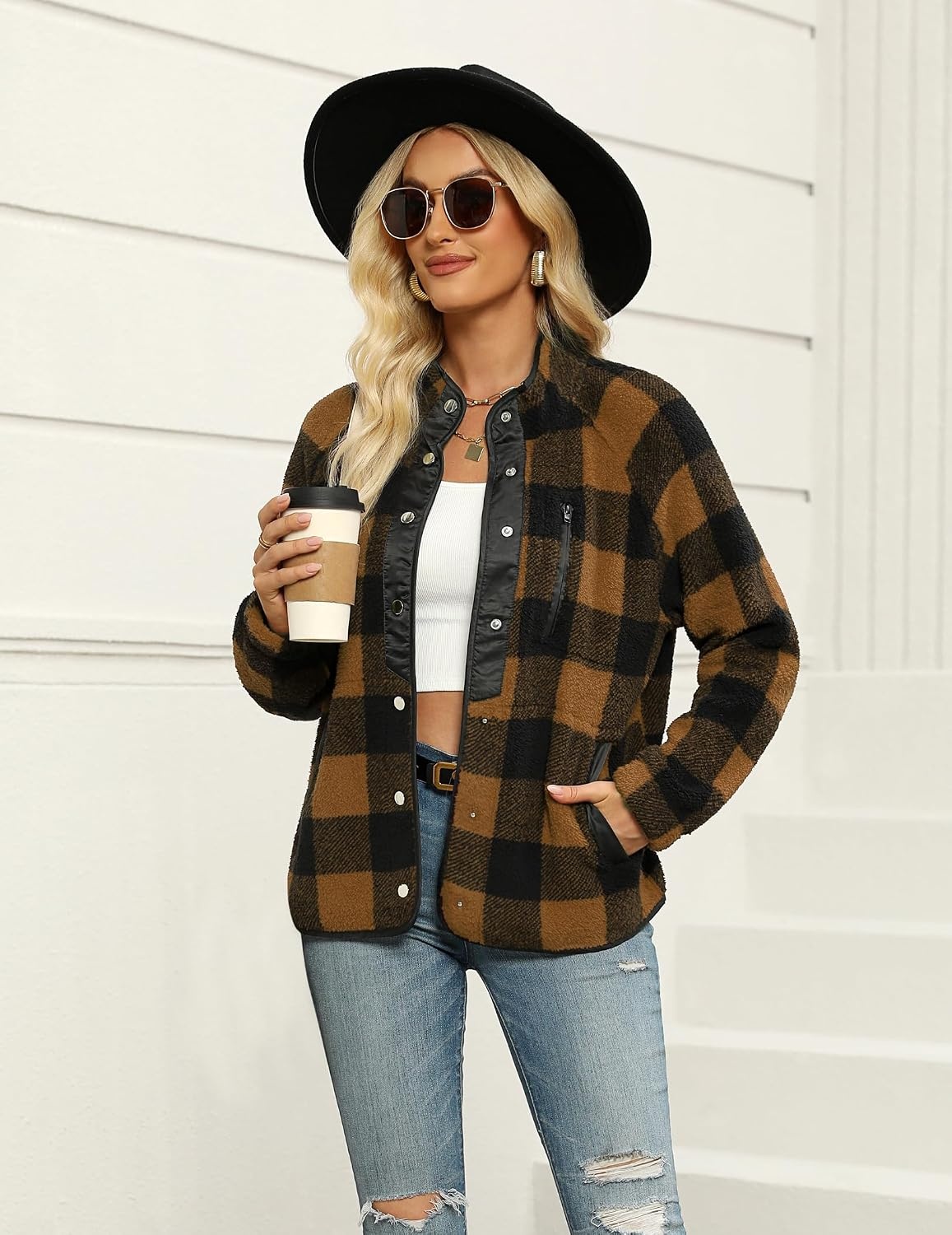 image:imageZeagoo Women Fleece Jacket Western Aztec Print Snap Button Down OuterwearNavy Plaid