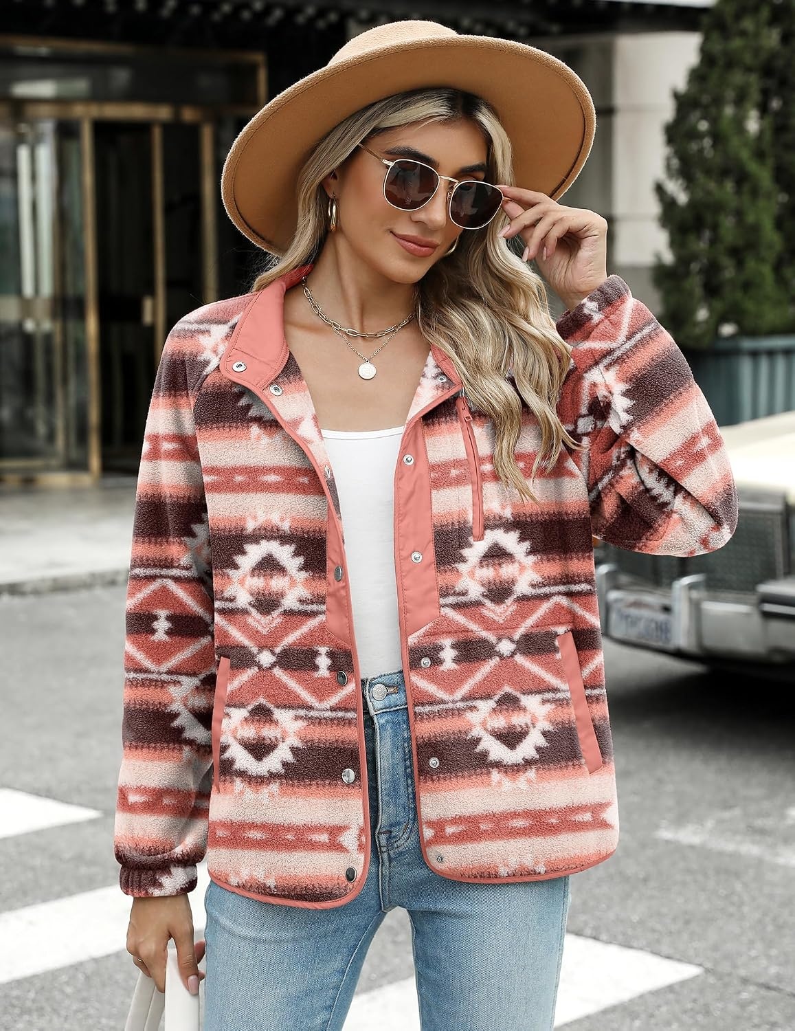 image:imageZeagoo Women Fleece Jacket Western Aztec Print Snap Button Down OuterwearPink