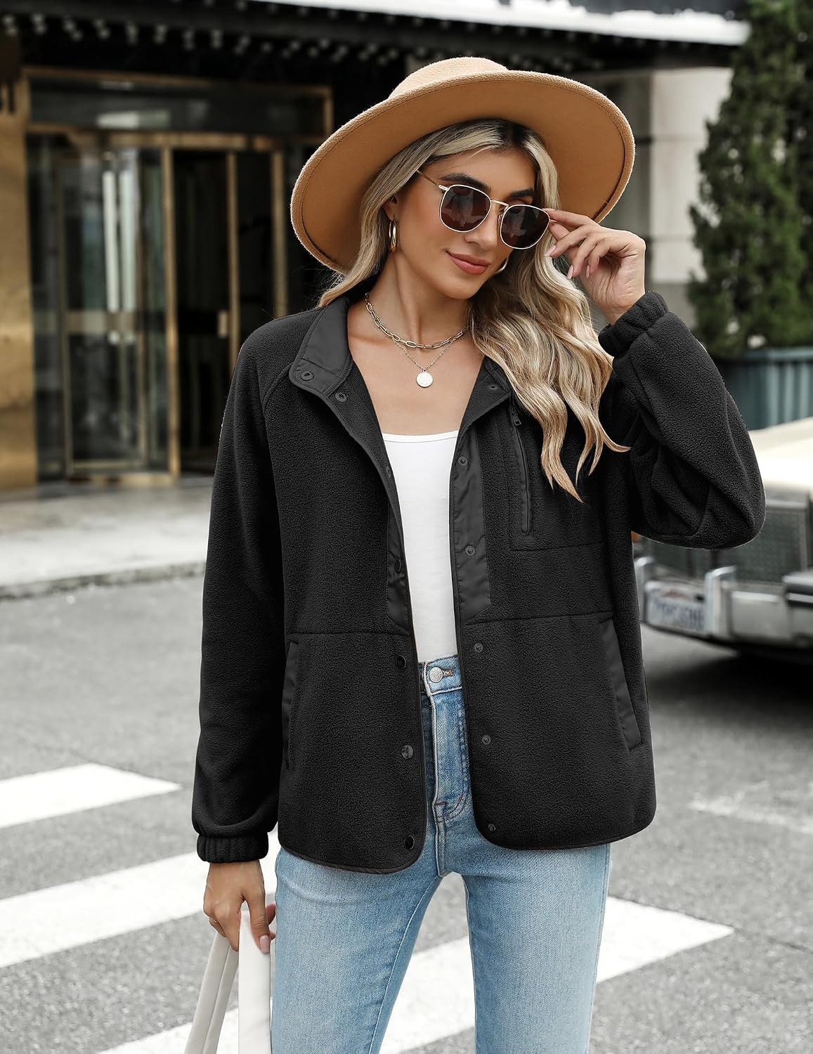 image:imageZeagoo Women Fleece Jacket Western Aztec Print Snap Button Down OuterwearSolid Black