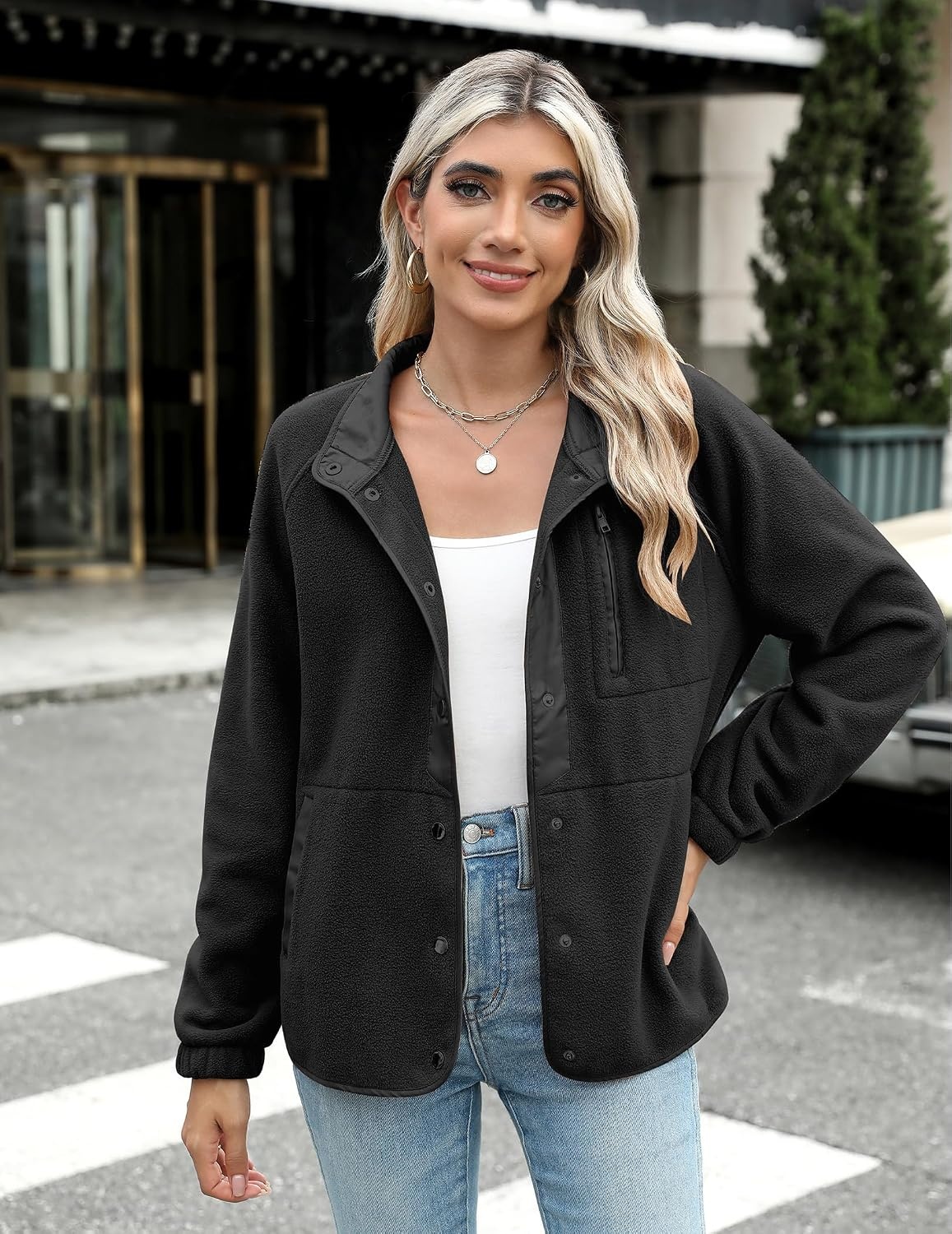 image:imageZeagoo Women Fleece Jacket Western Aztec Print Snap Button Down OuterwearSolid Black