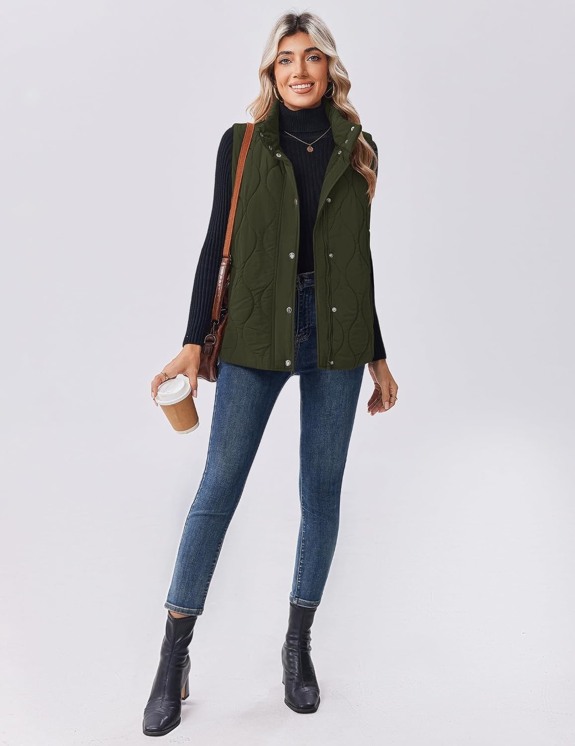image:imageZeagoo Women Oversized Puffer Vest Stand Collar Zip Up Sleeveless OuterwearArmy Green
