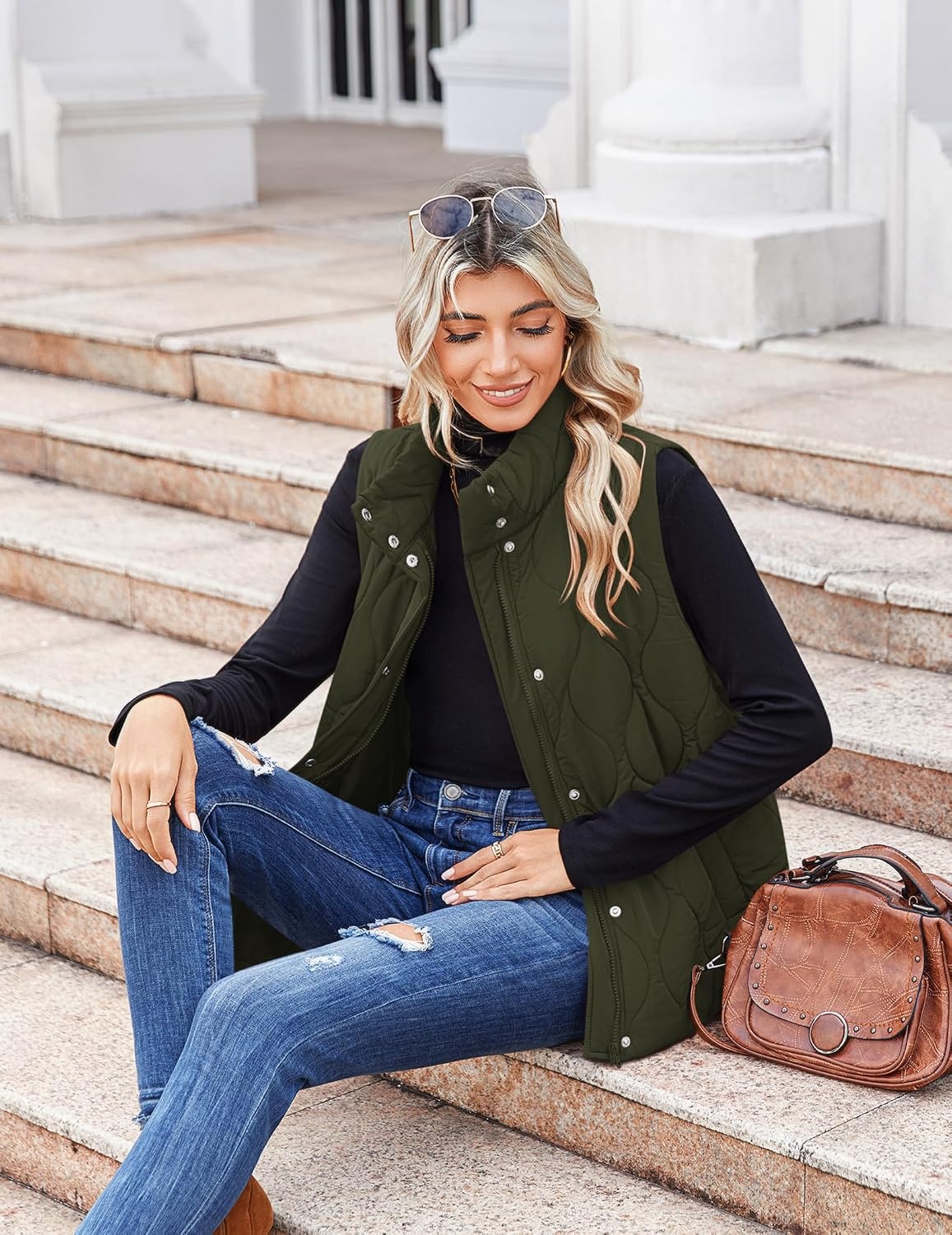 image:imageZeagoo Women Oversized Puffer Vest Stand Collar Zip Up Sleeveless OuterwearArmy Green