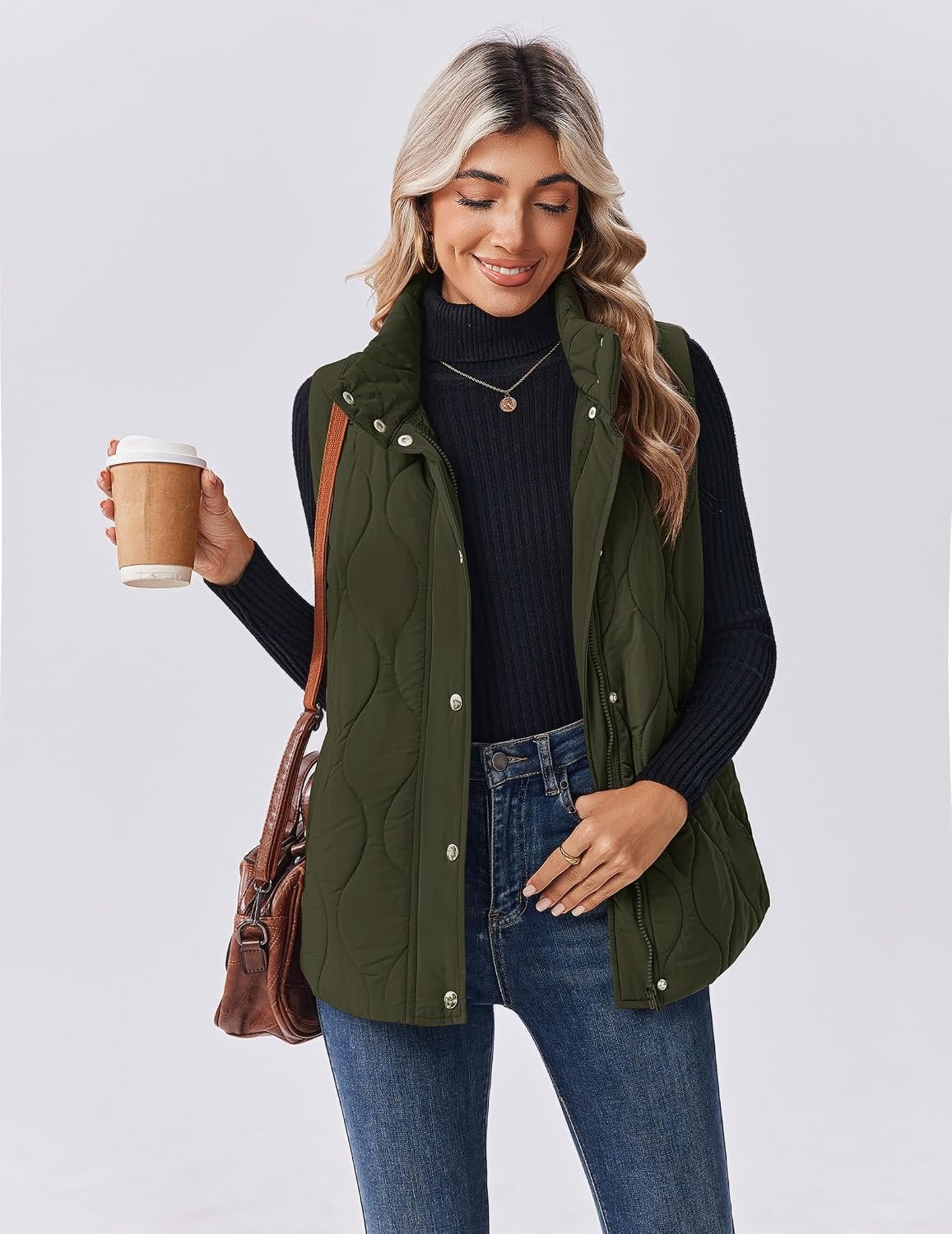 image:imageZeagoo Women Oversized Puffer Vest Stand Collar Zip Up Sleeveless OuterwearArmy Green