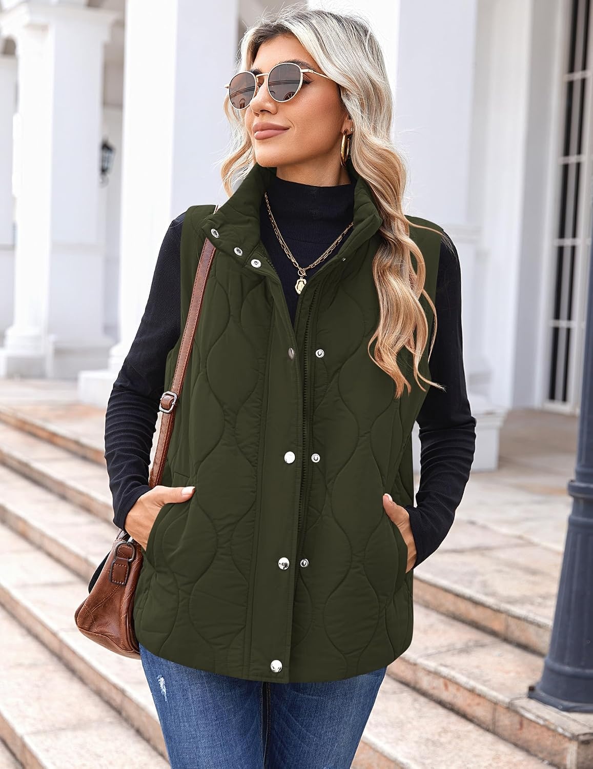 image:imageZeagoo Women Oversized Puffer Vest Stand Collar Zip Up Sleeveless OuterwearArmy Green