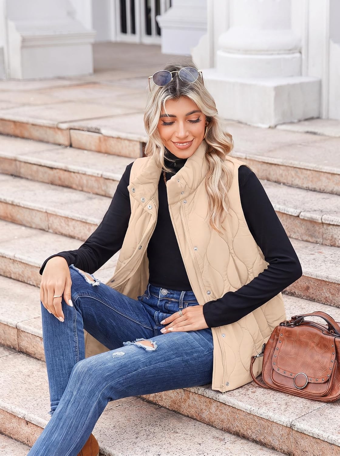 image:imageZeagoo Women Oversized Puffer Vest Stand Collar Zip Up Sleeveless OuterwearBeige