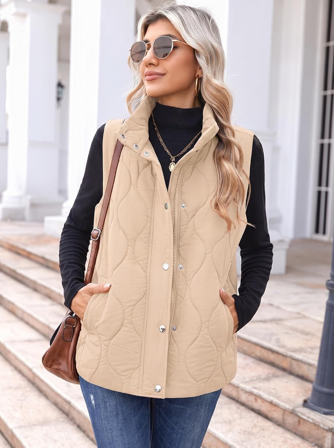 image:imageZeagoo Women Oversized Puffer Vest Stand Collar Zip Up Sleeveless OuterwearBeige