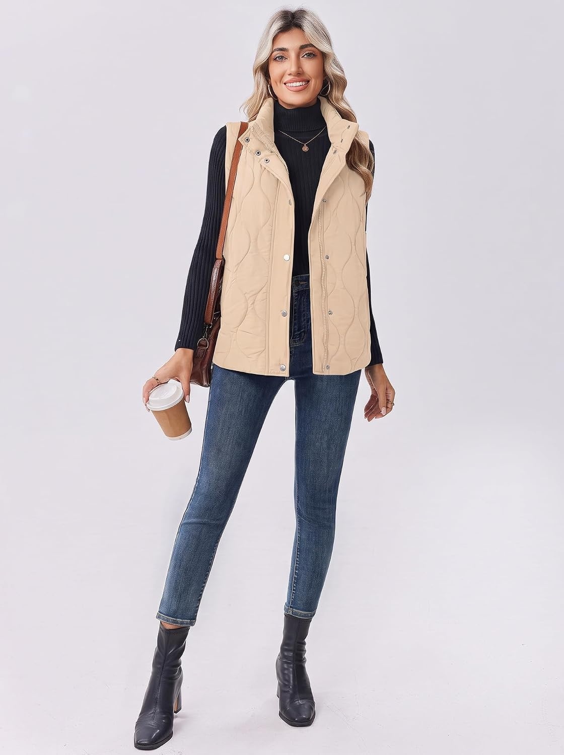 image:imageZeagoo Women Oversized Puffer Vest Stand Collar Zip Up Sleeveless OuterwearBeige