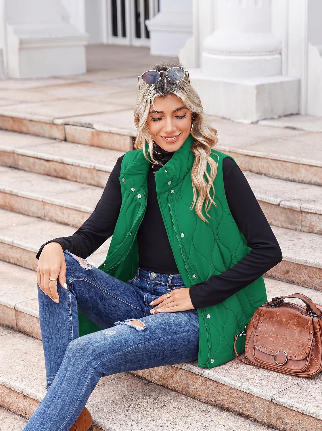image:imageZeagoo Women Oversized Puffer Vest Stand Collar Zip Up Sleeveless OuterwearBright Green
