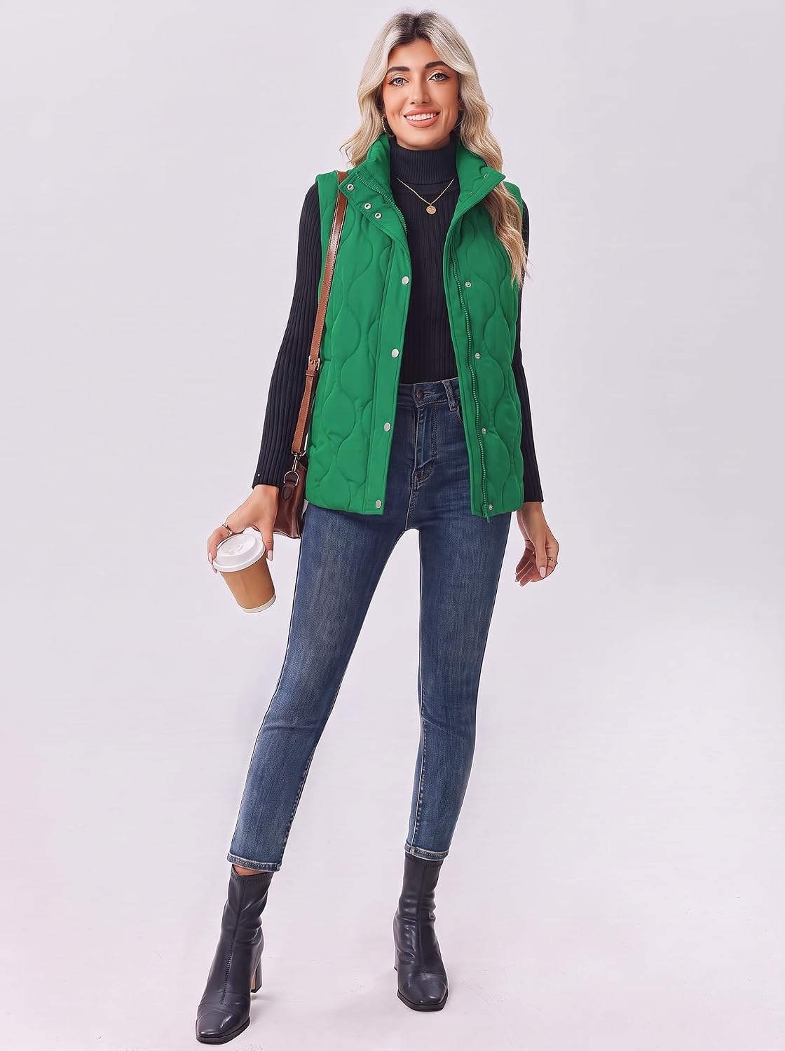 image:imageZeagoo Women Oversized Puffer Vest Stand Collar Zip Up Sleeveless OuterwearBright Green