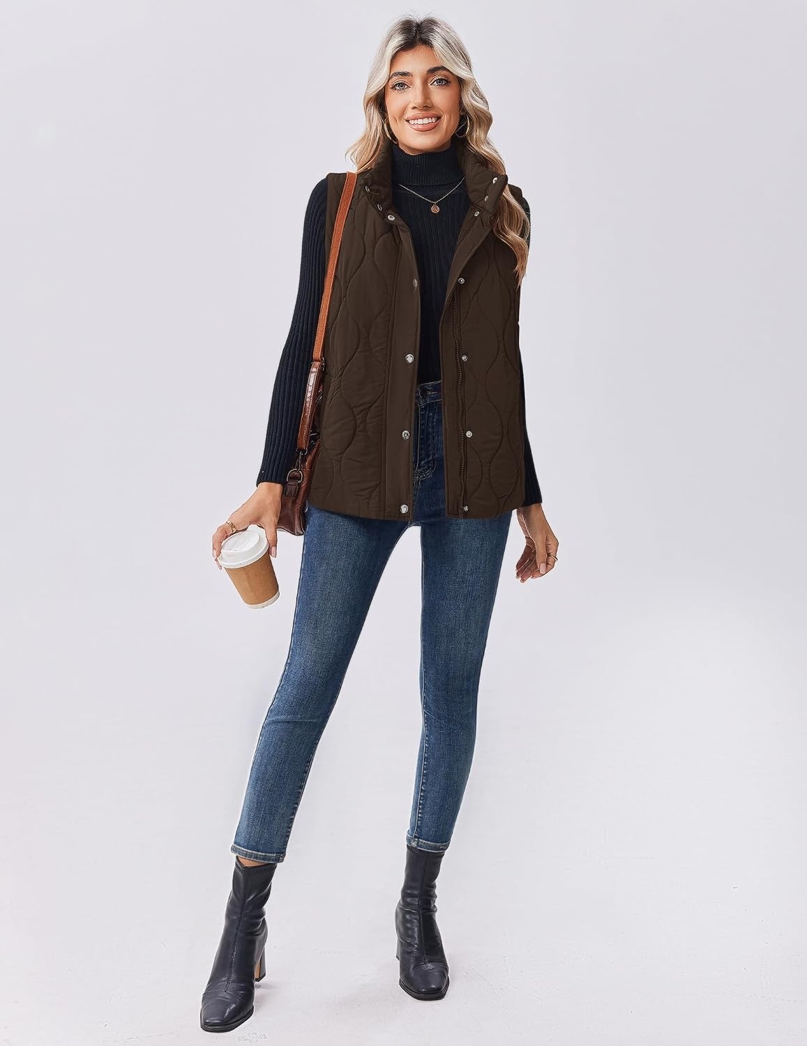 image:imageZeagoo Women Oversized Puffer Vest Stand Collar Zip Up Sleeveless OuterwearBrown