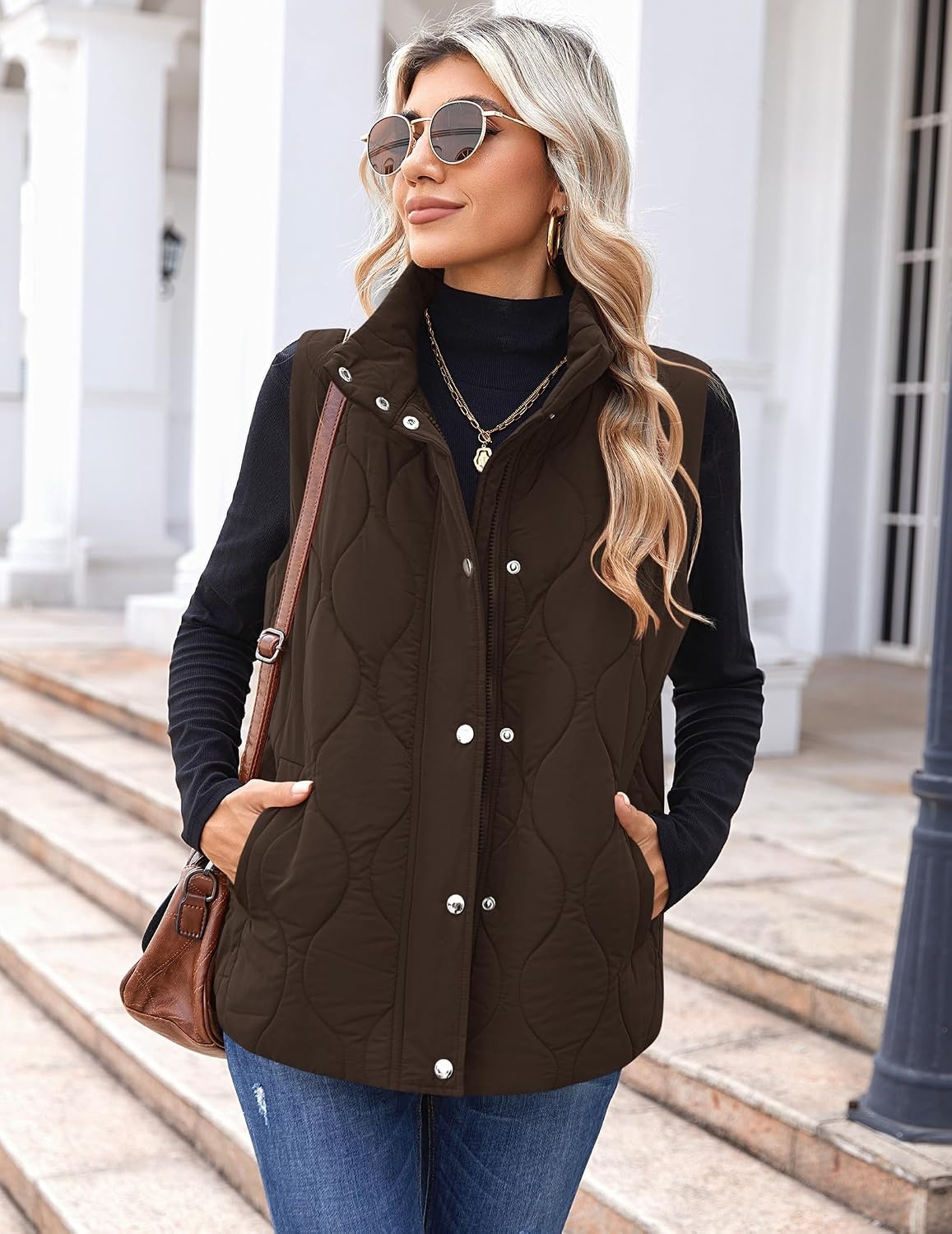 image:imageZeagoo Women Oversized Puffer Vest Stand Collar Zip Up Sleeveless OuterwearBrown