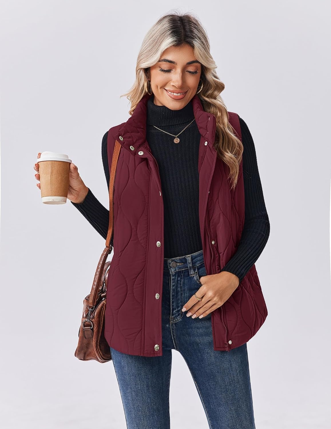 image:imageZeagoo Women Oversized Puffer Vest Stand Collar Zip Up Sleeveless OuterwearBurgundy