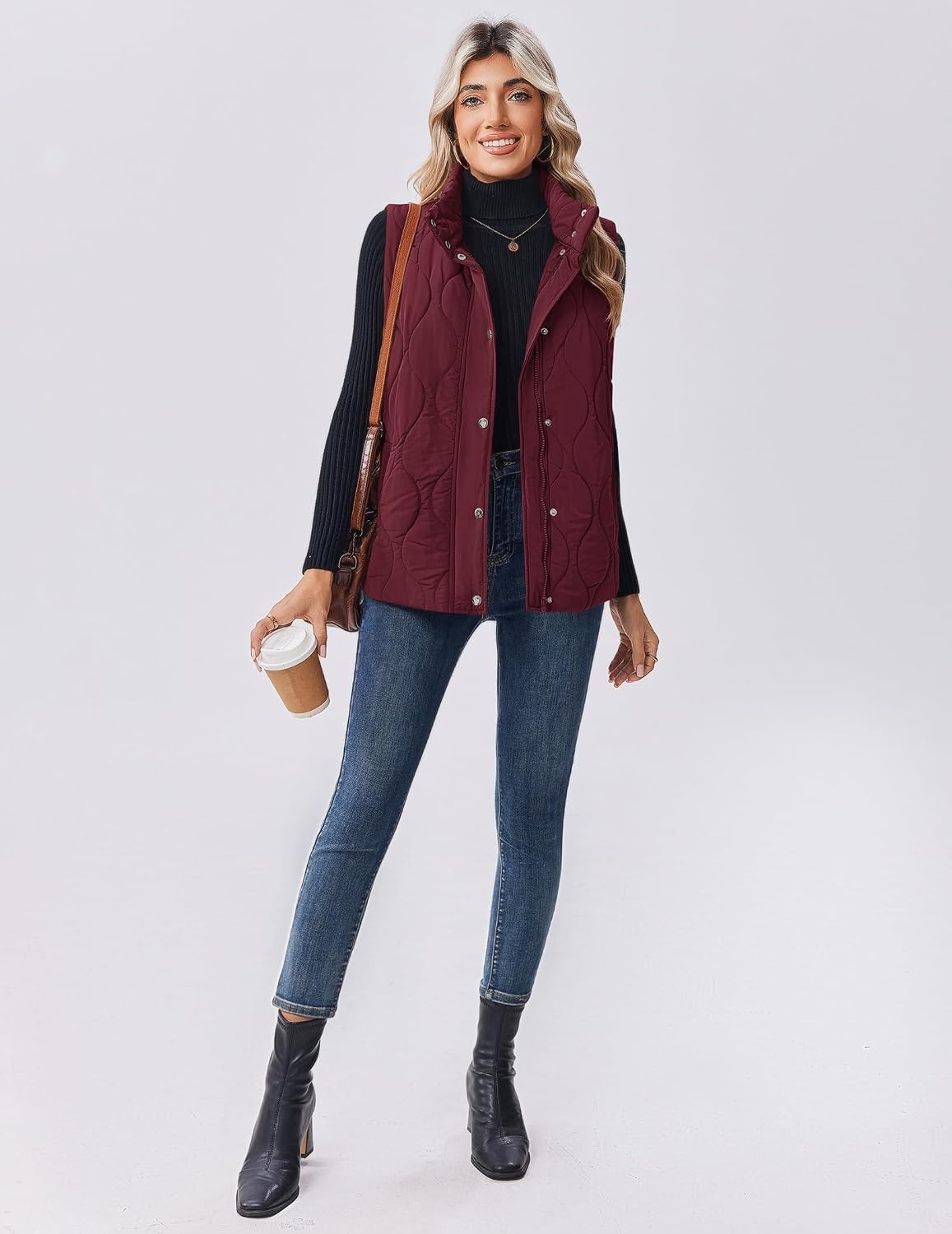 image:imageZeagoo Women Oversized Puffer Vest Stand Collar Zip Up Sleeveless OuterwearBurgundy