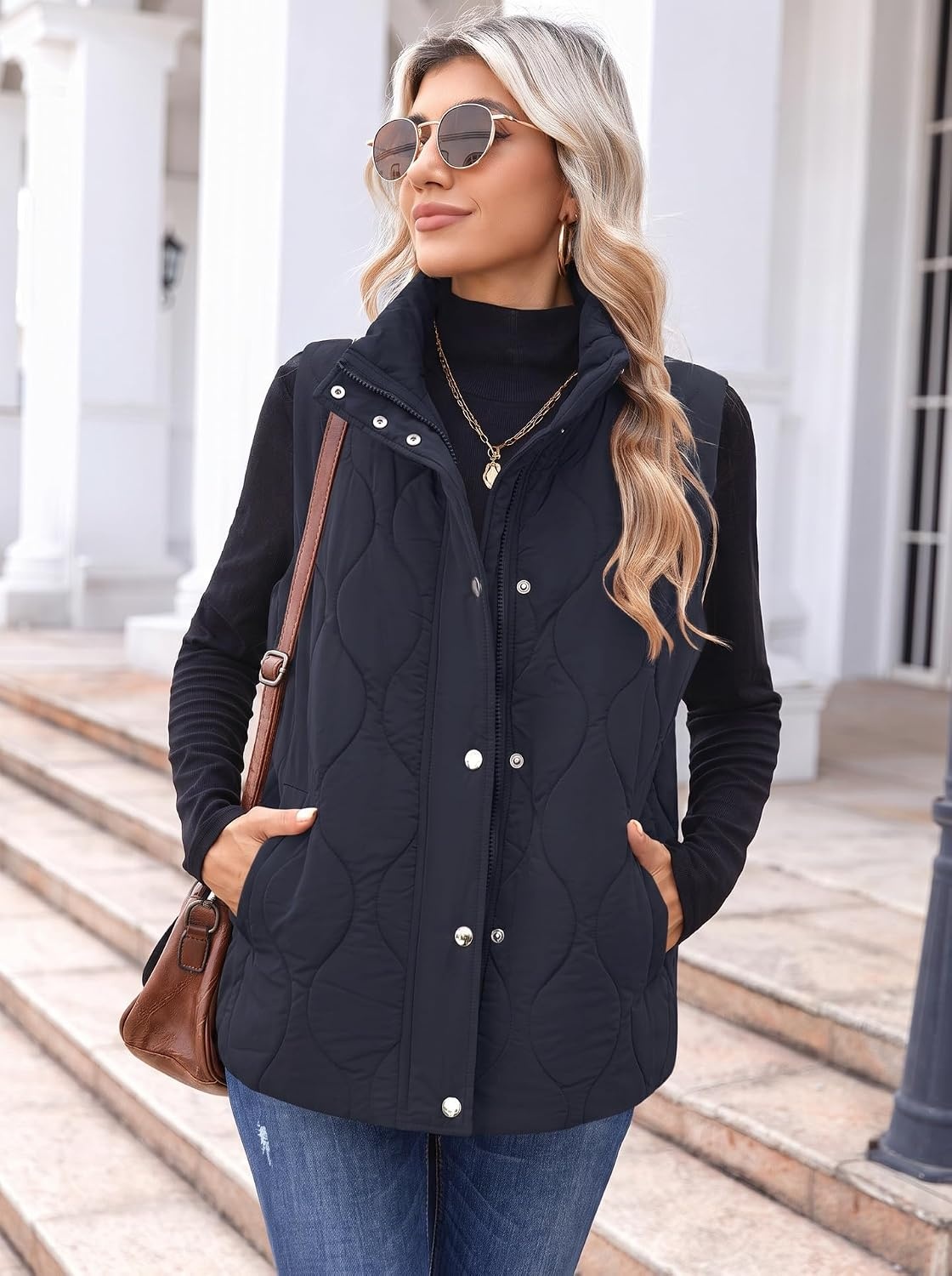 image:imageZeagoo Women Oversized Puffer Vest Stand Collar Zip Up Sleeveless OuterwearDark Blue