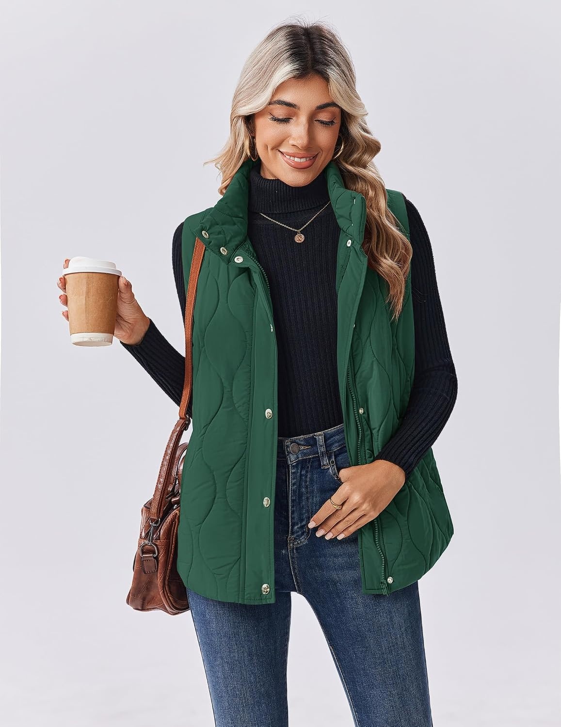 image:imageZeagoo Women Oversized Puffer Vest Stand Collar Zip Up Sleeveless OuterwearGreen