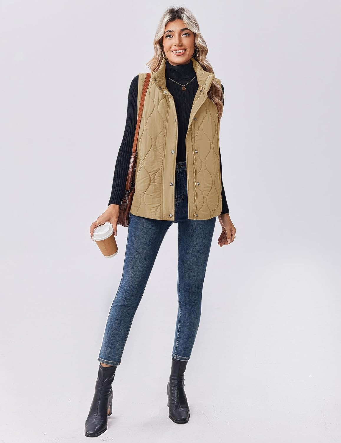 image:imageZeagoo Women Oversized Puffer Vest Stand Collar Zip Up Sleeveless OuterwearLight Khaki