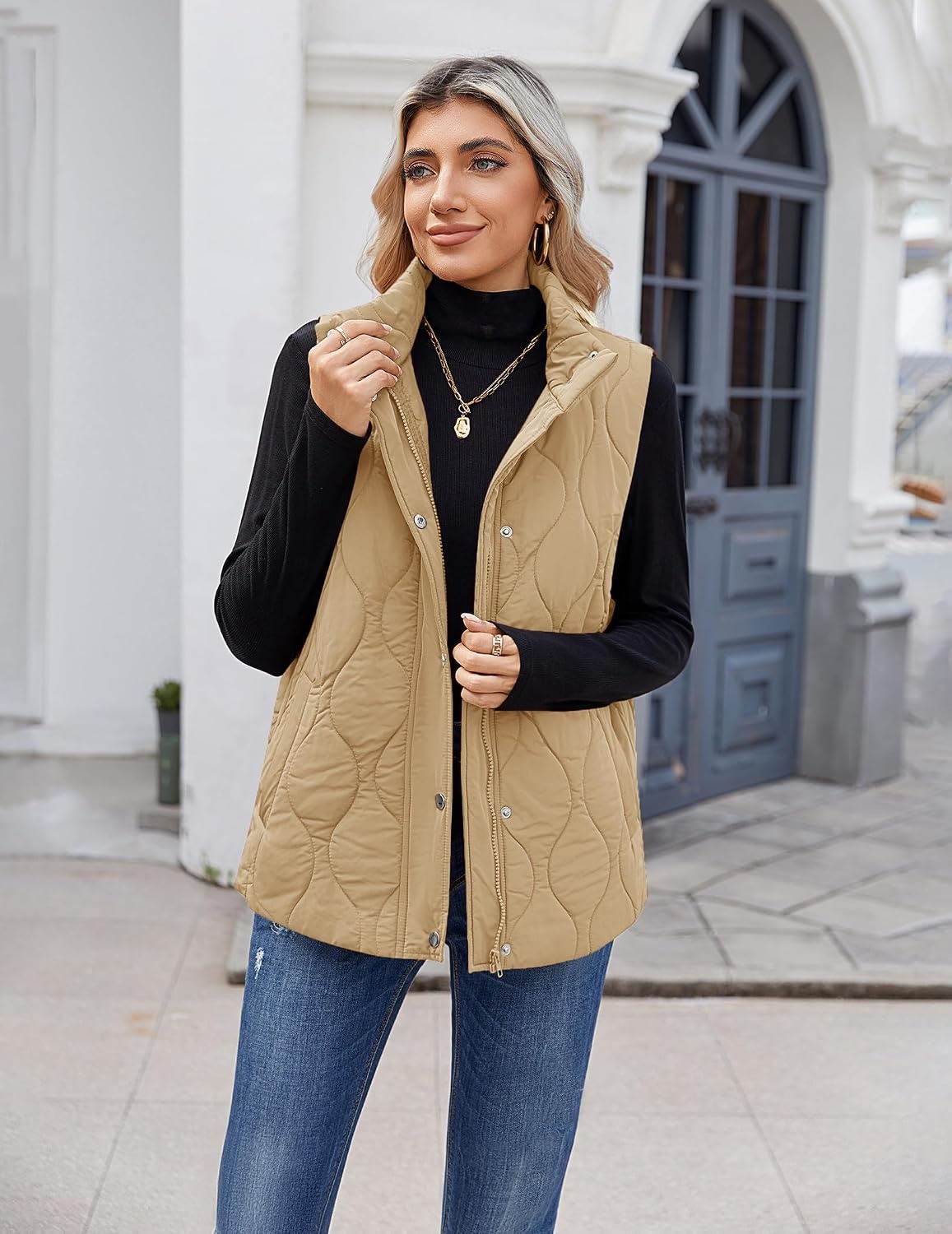 image:imageZeagoo Women Oversized Puffer Vest Stand Collar Zip Up Sleeveless OuterwearLight Khaki