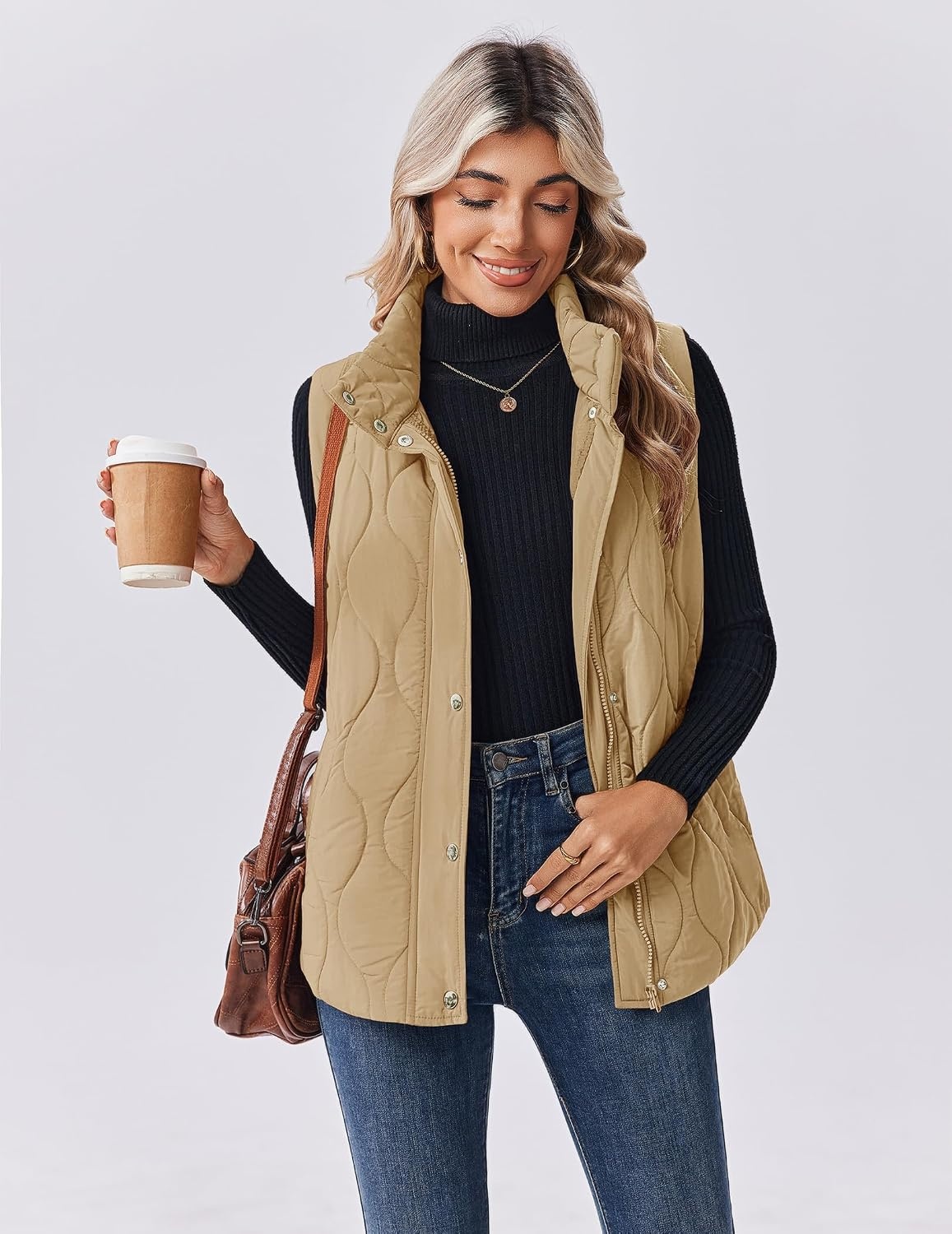 image:imageZeagoo Women Oversized Puffer Vest Stand Collar Zip Up Sleeveless OuterwearLight Khaki