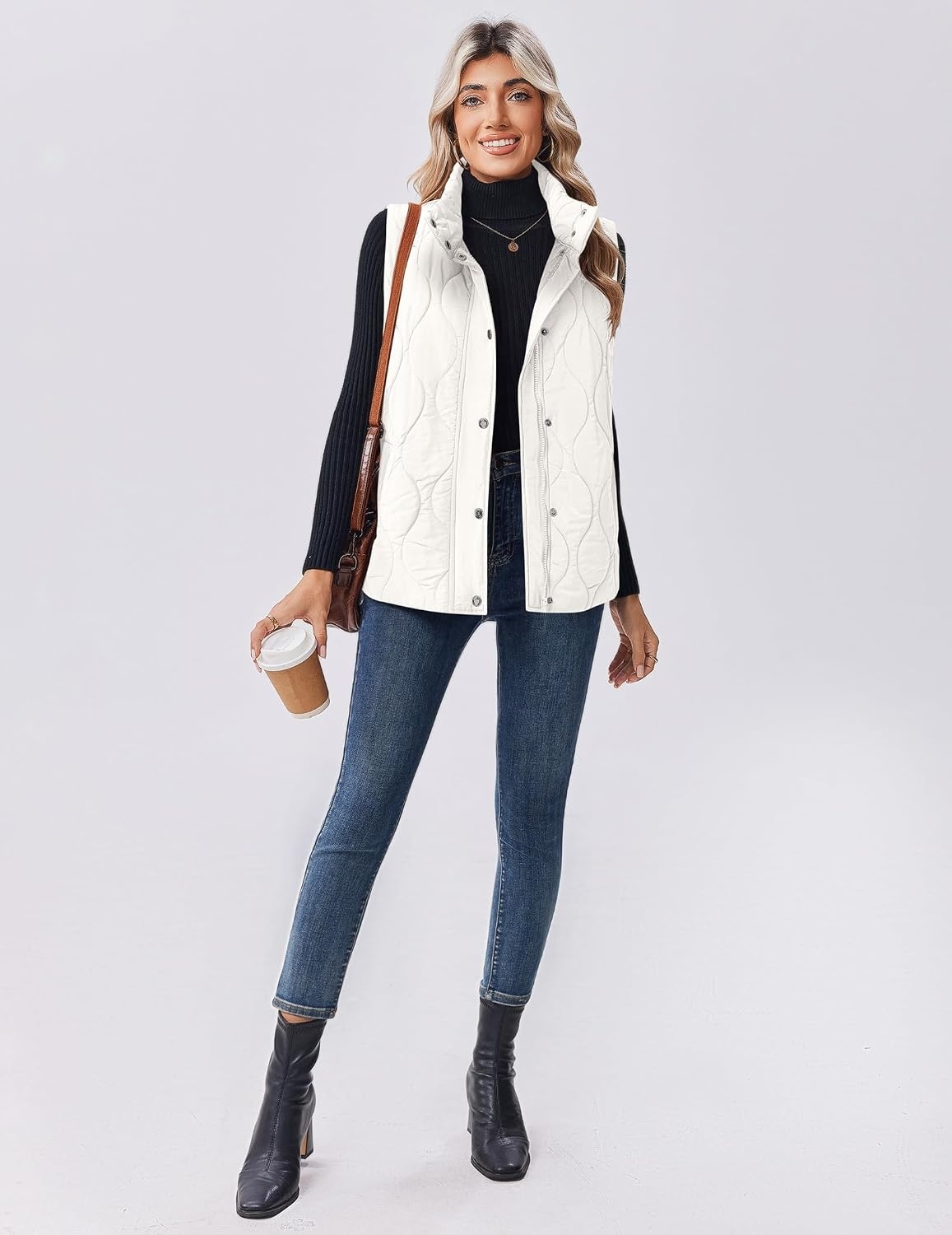 image:imageZeagoo Women Oversized Puffer Vest Stand Collar Zip Up Sleeveless OuterwearOffwhite