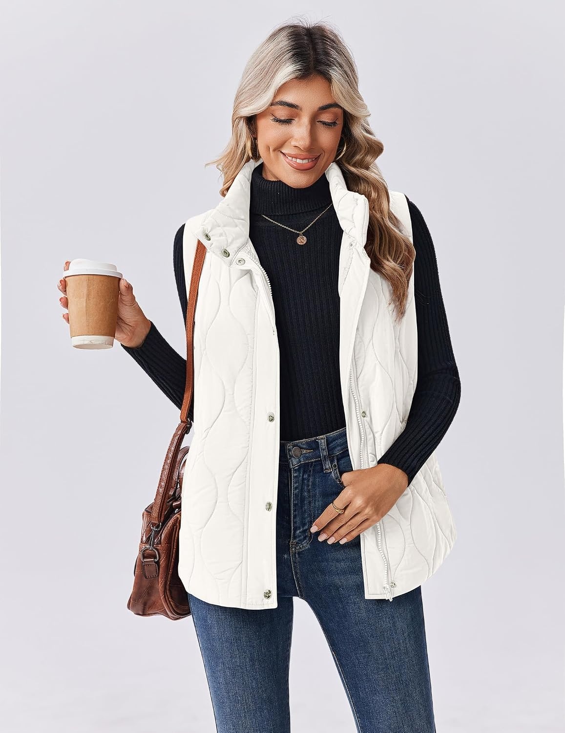 image:imageZeagoo Women Oversized Puffer Vest Stand Collar Zip Up Sleeveless OuterwearOffwhite