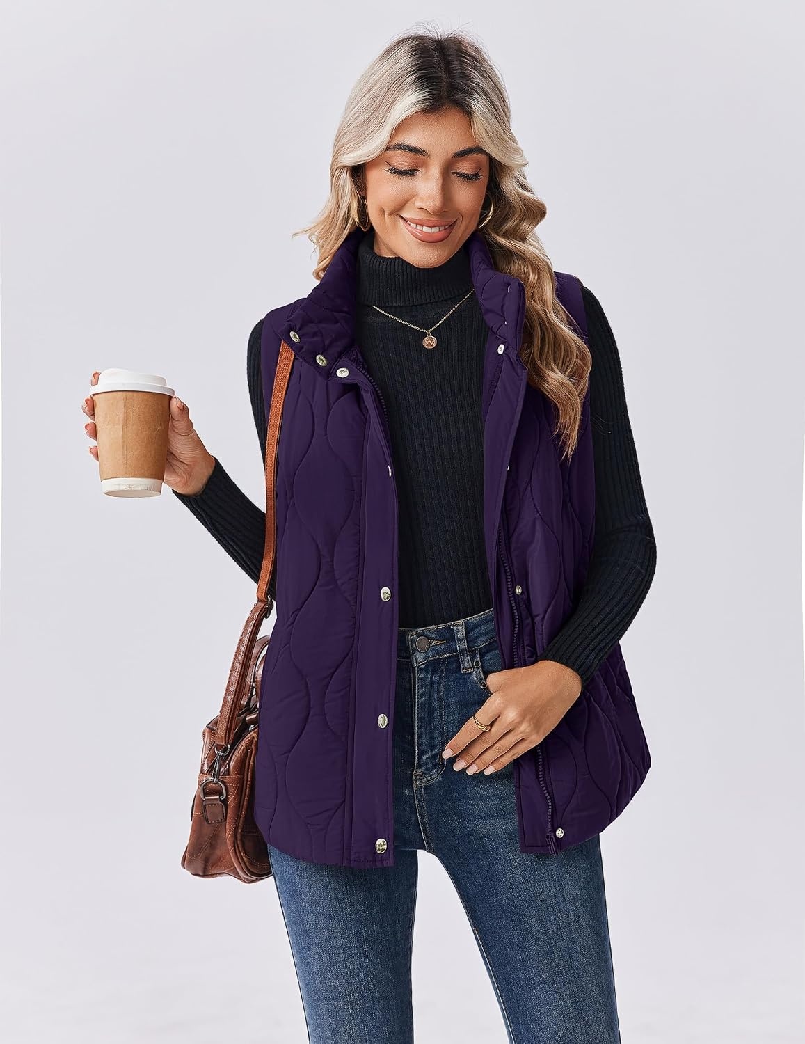 image:imageZeagoo Women Oversized Puffer Vest Stand Collar Zip Up Sleeveless OuterwearPurple