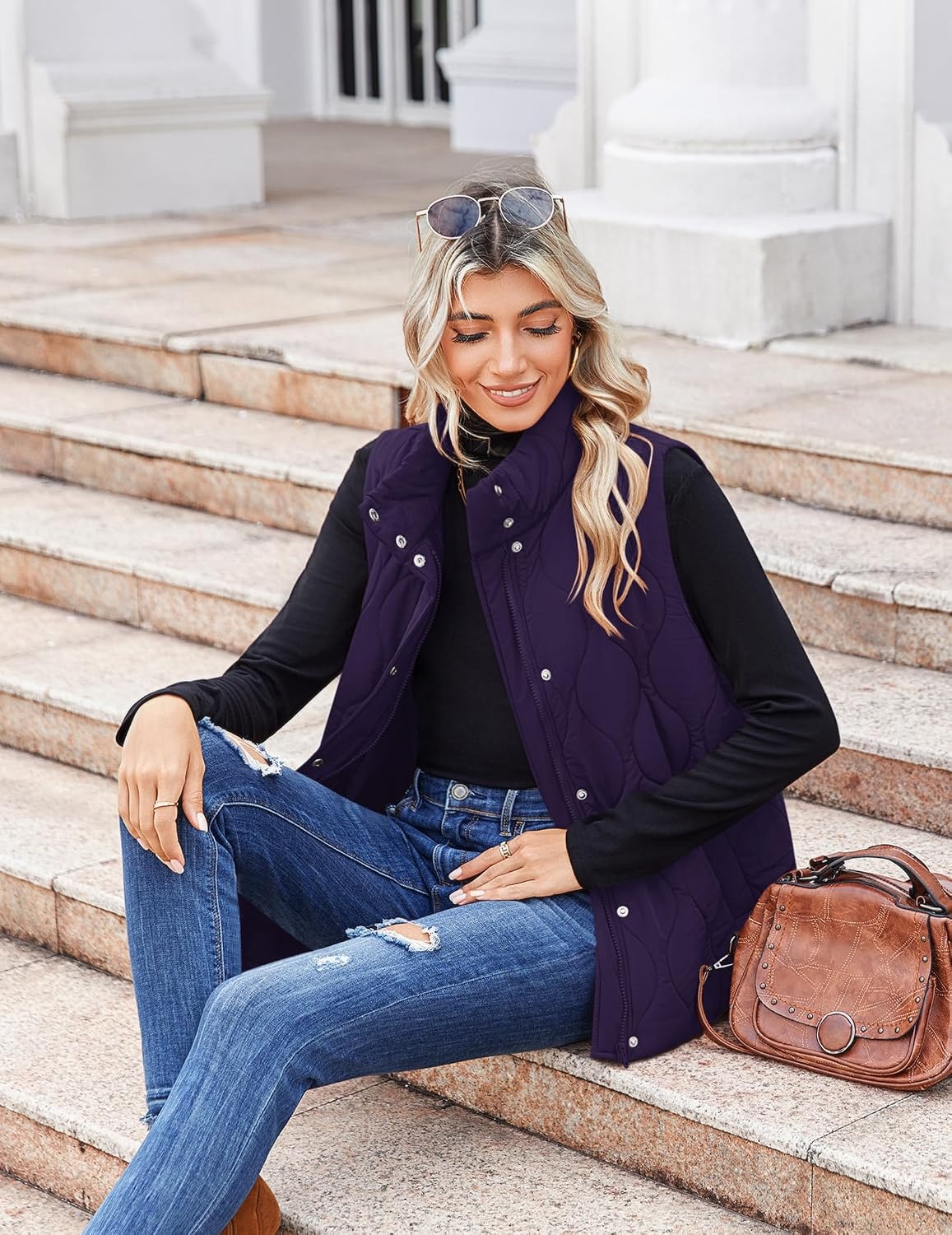 image:imageZeagoo Women Oversized Puffer Vest Stand Collar Zip Up Sleeveless OuterwearPurple
