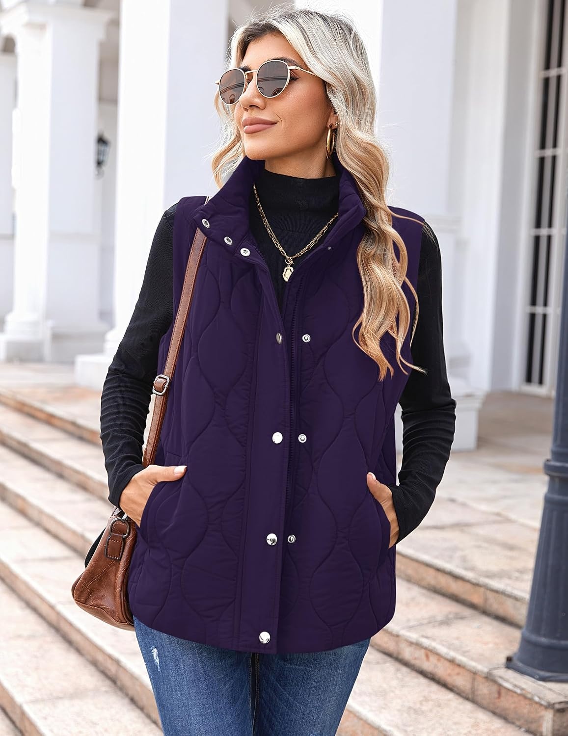 image:imageZeagoo Women Oversized Puffer Vest Stand Collar Zip Up Sleeveless OuterwearPurple