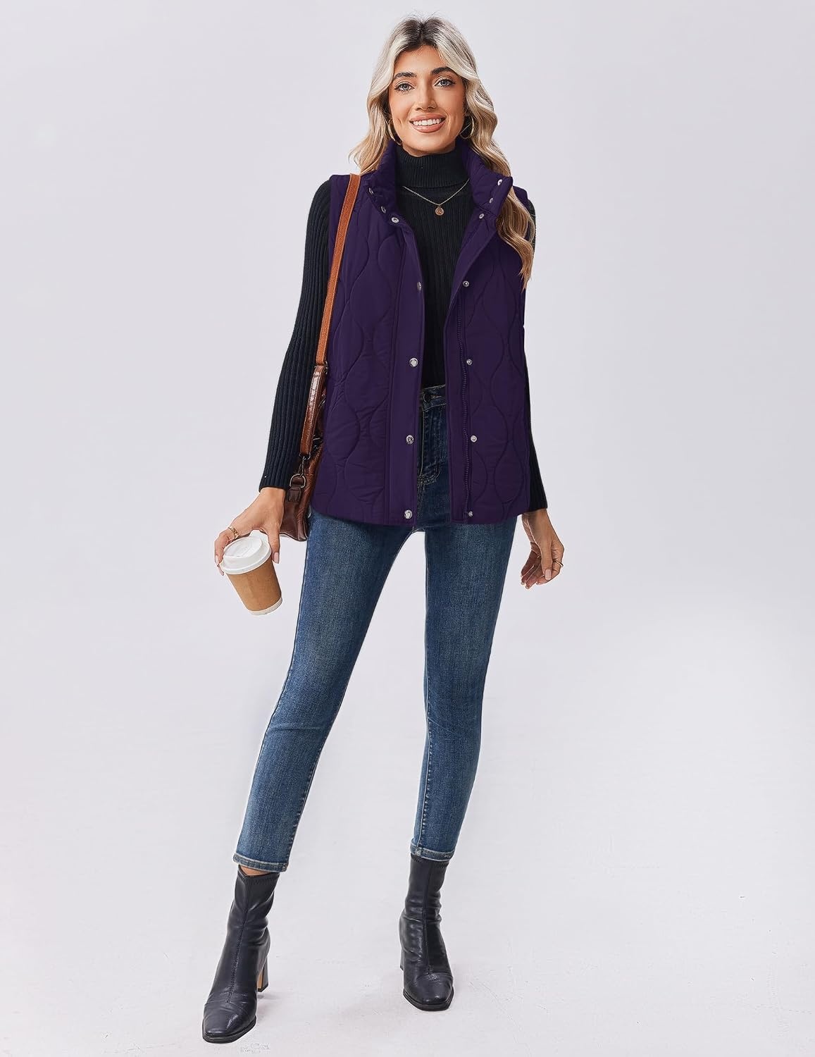 image:imageZeagoo Women Oversized Puffer Vest Stand Collar Zip Up Sleeveless OuterwearPurple
