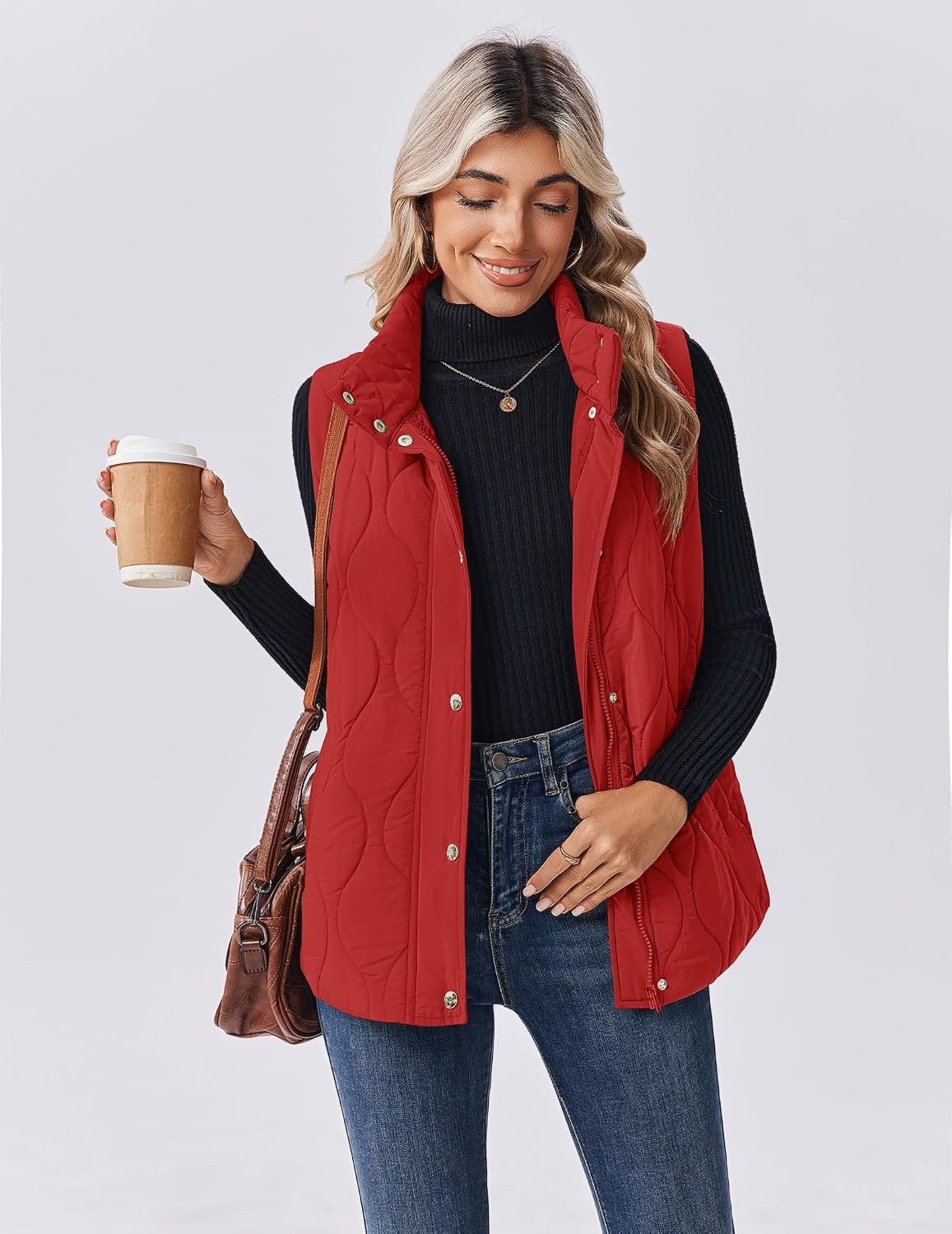 image:imageZeagoo Women Oversized Puffer Vest Stand Collar Zip Up Sleeveless OuterwearRed