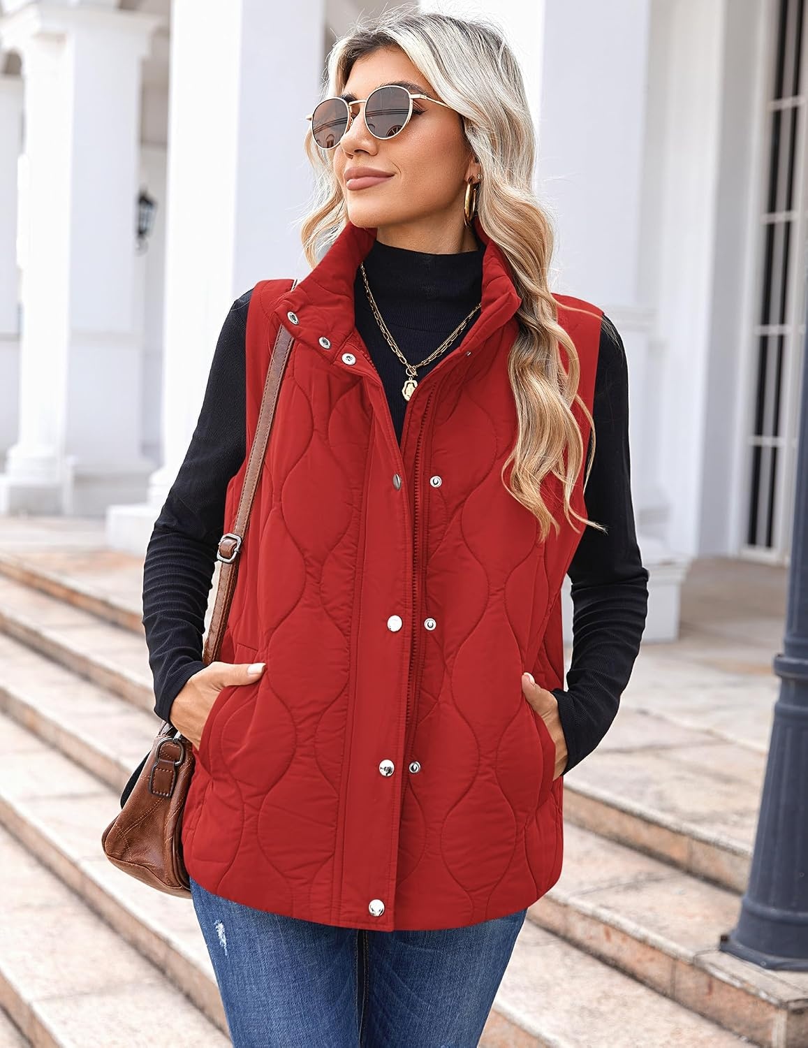 image:imageZeagoo Women Oversized Puffer Vest Stand Collar Zip Up Sleeveless OuterwearRed