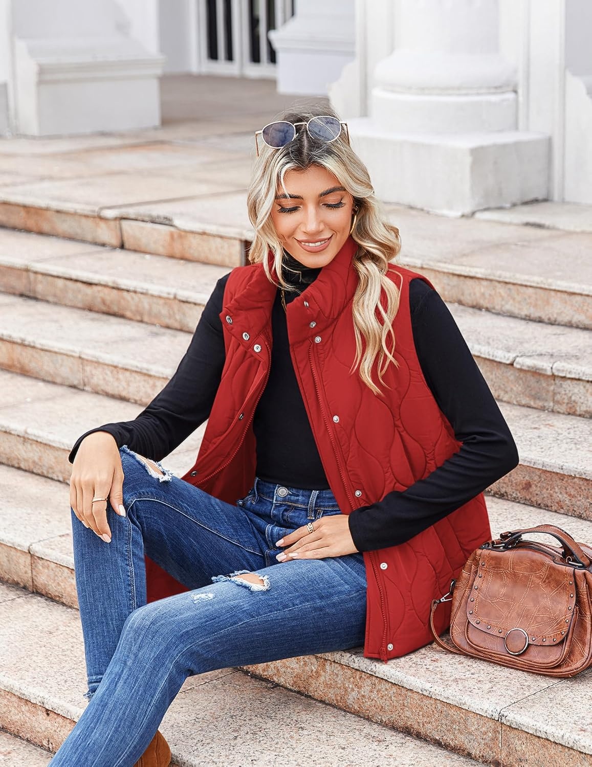 image:imageZeagoo Women Oversized Puffer Vest Stand Collar Zip Up Sleeveless OuterwearRed