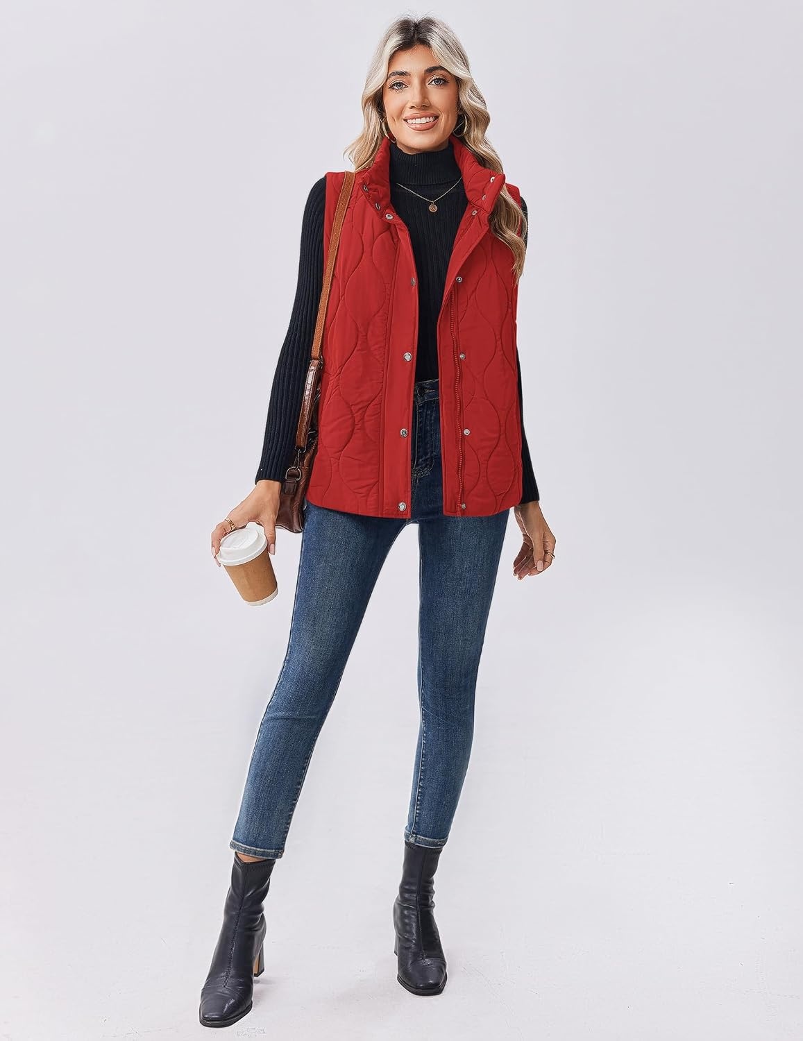 image:imageZeagoo Women Oversized Puffer Vest Stand Collar Zip Up Sleeveless OuterwearRed