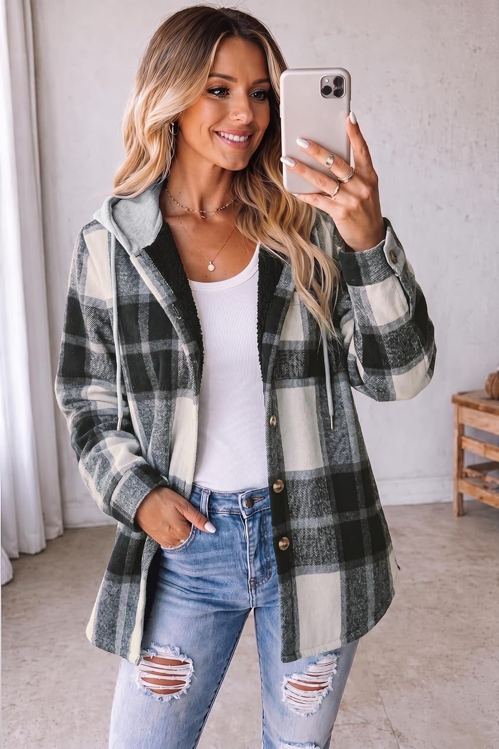 image:imageZeagoo Women Plaid Shacket Fleece Hooded Winter Coat Warm JacketsBlack