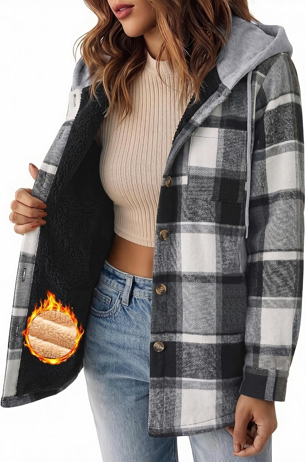 image:imageZeagoo Women Plaid Shacket Fleece Hooded Winter Coat Warm JacketsBlack